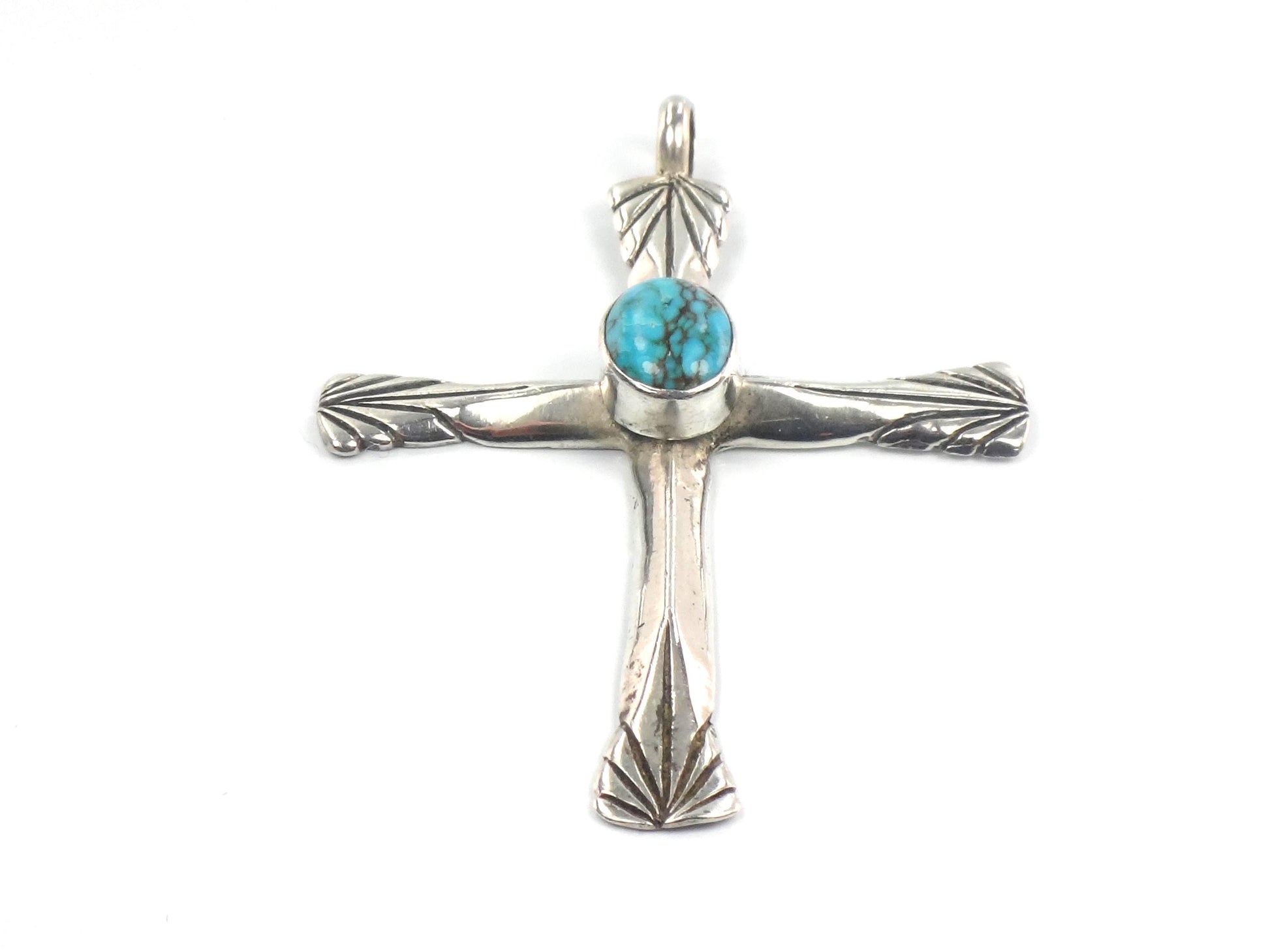 Vintage Large Sterling Silver Turquoise Cross Pendant
