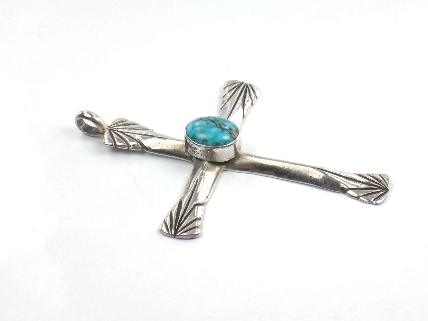 Vintage Large Sterling Silver Turquoise Cross Pendant