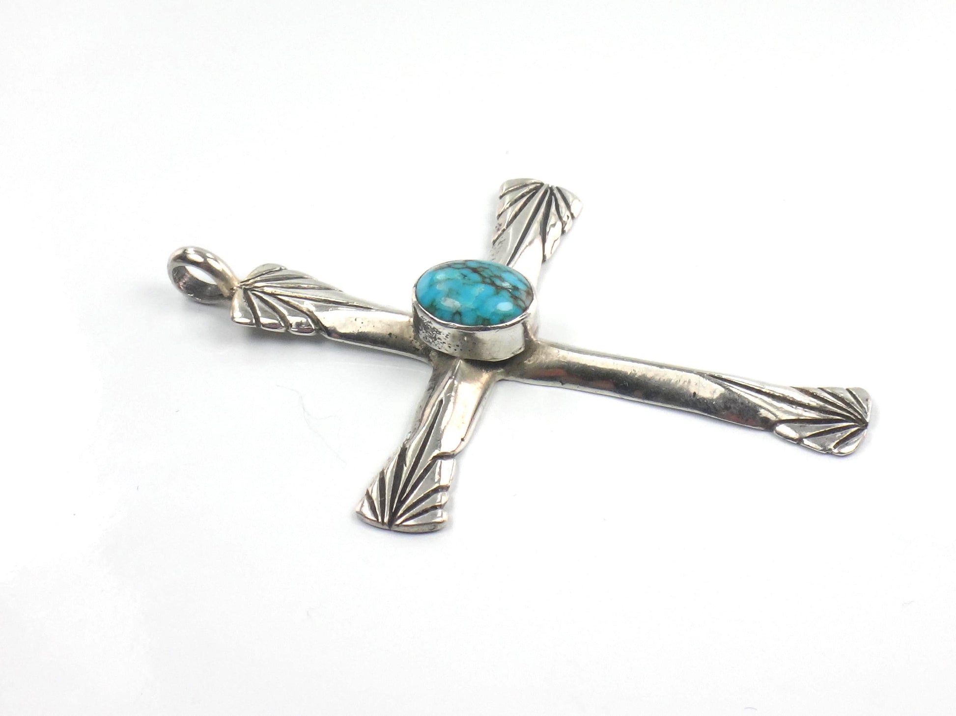 Vintage Large Sterling Silver Turquoise Cross Pendant