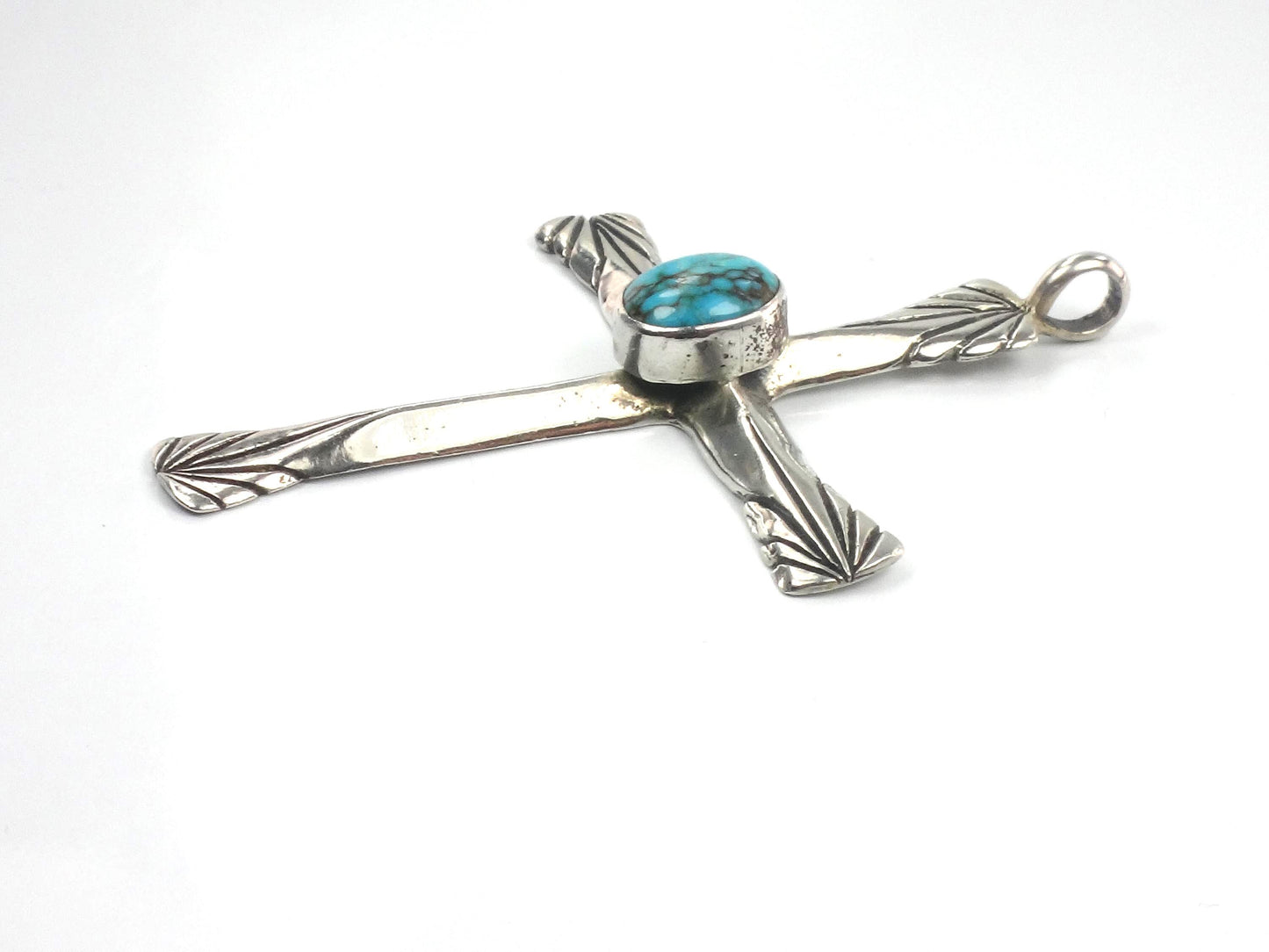 Vintage Large Sterling Silver Turquoise Cross Pendant