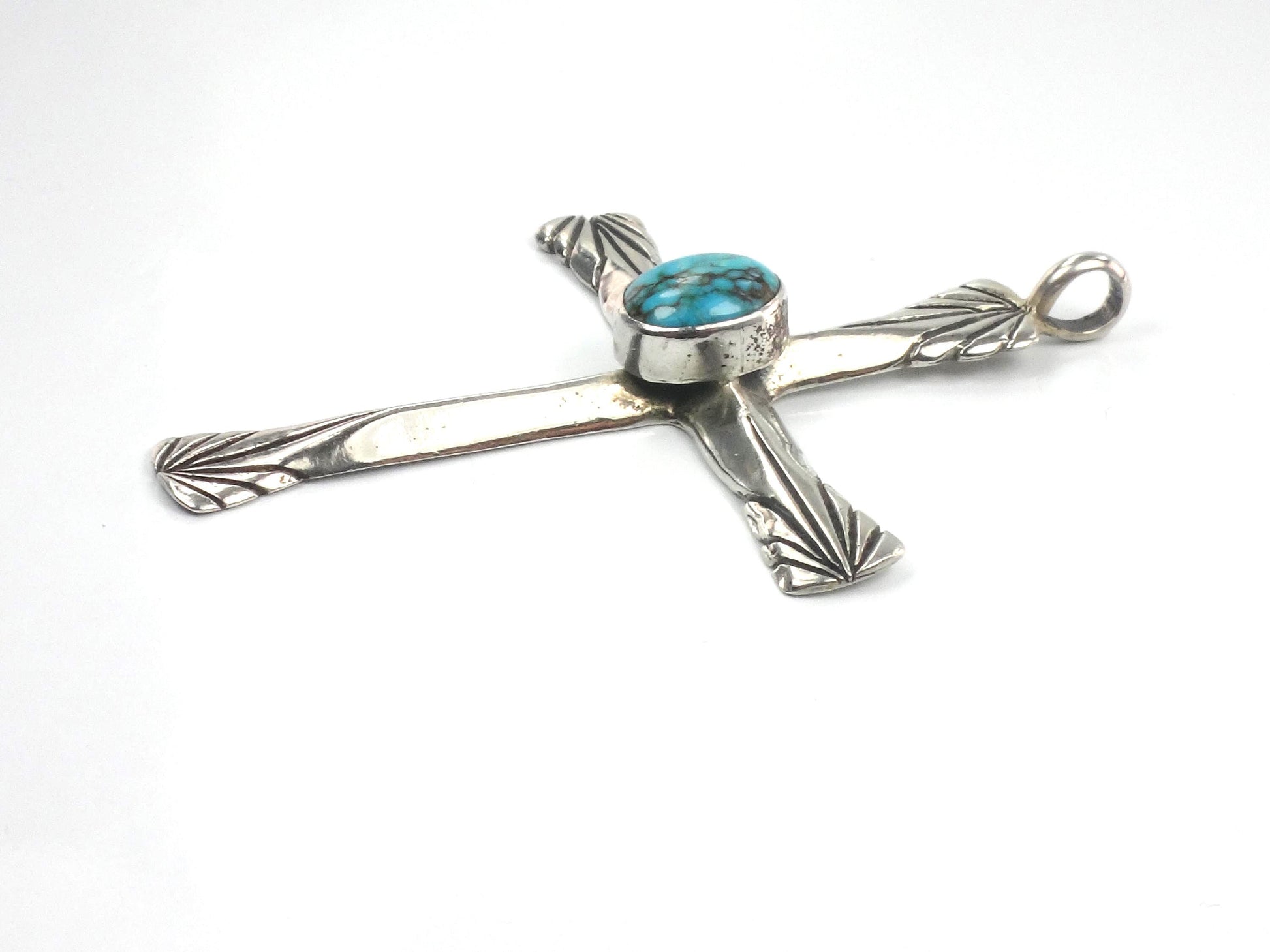 Vintage Large Sterling Silver Turquoise Cross Pendant