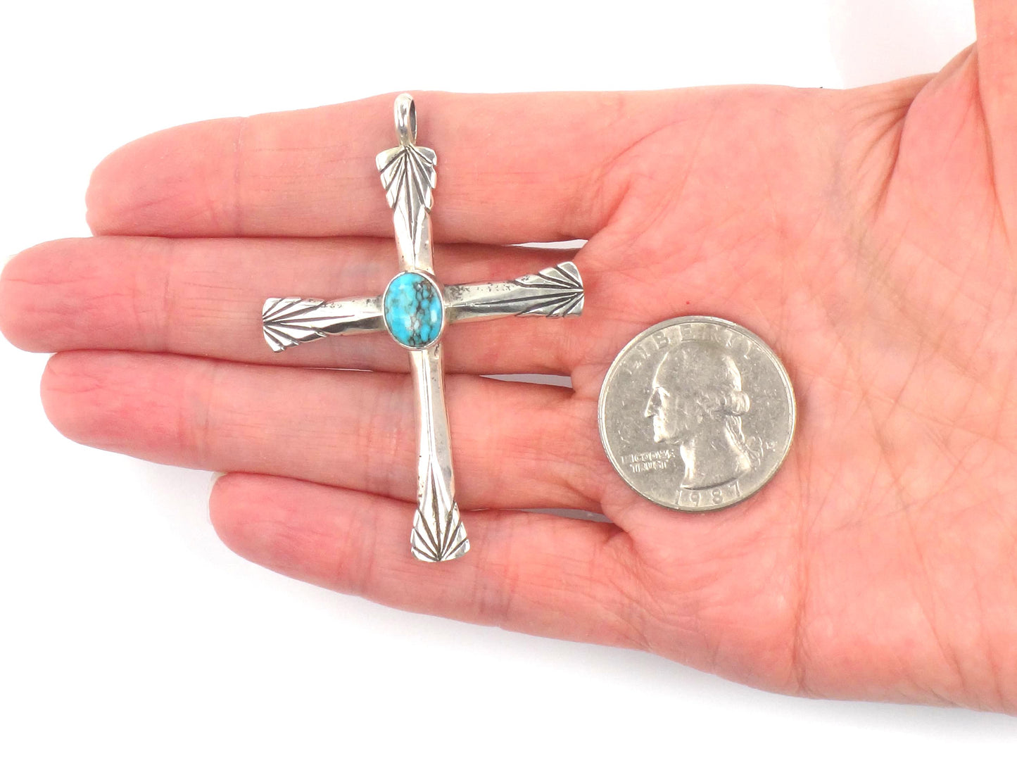 Vintage Large Sterling Silver Turquoise Cross Pendant