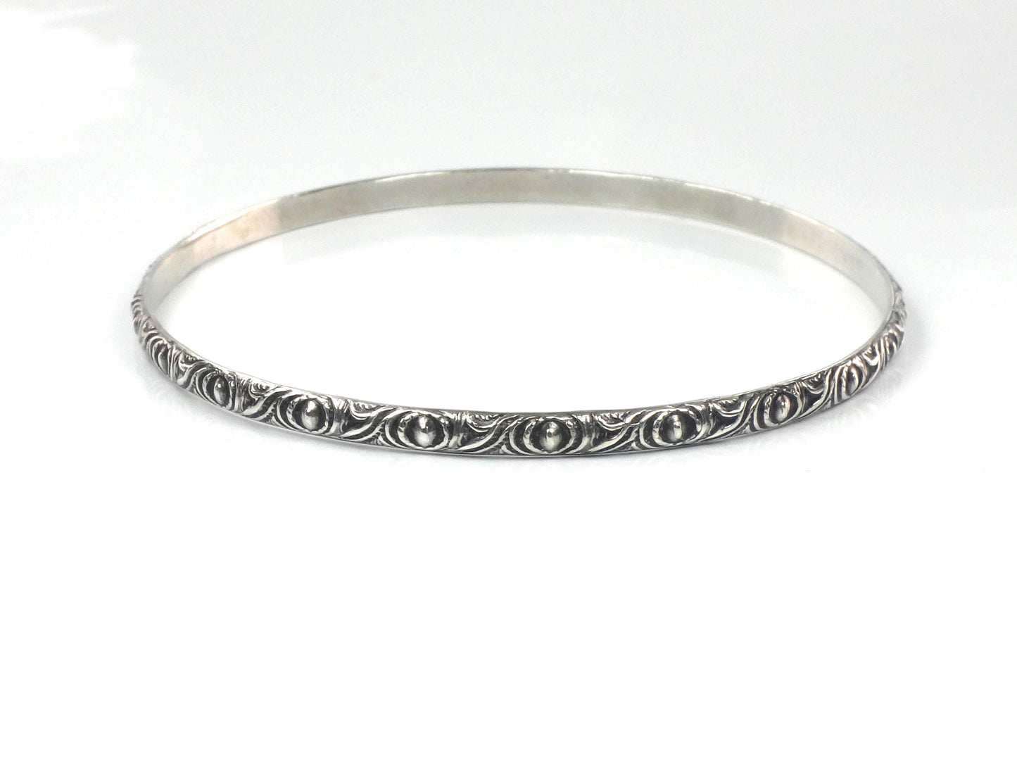 Vintage Thin Sterling Silver Bangle Bracelet Slip On Bracelet, Repousse Style Design, 7 7/8"