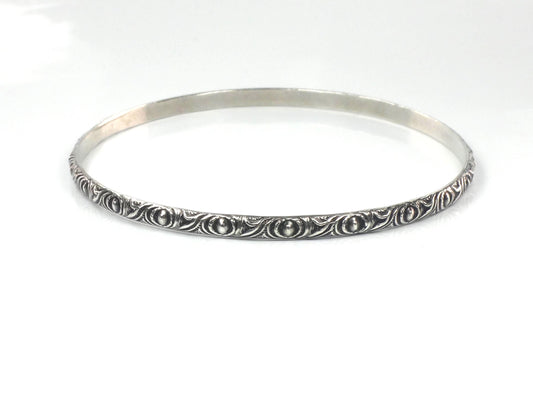 Vintage Thin Sterling Silver Bangle Bracelet Slip On Bracelet, Repousse Style Design, 7 7/8"