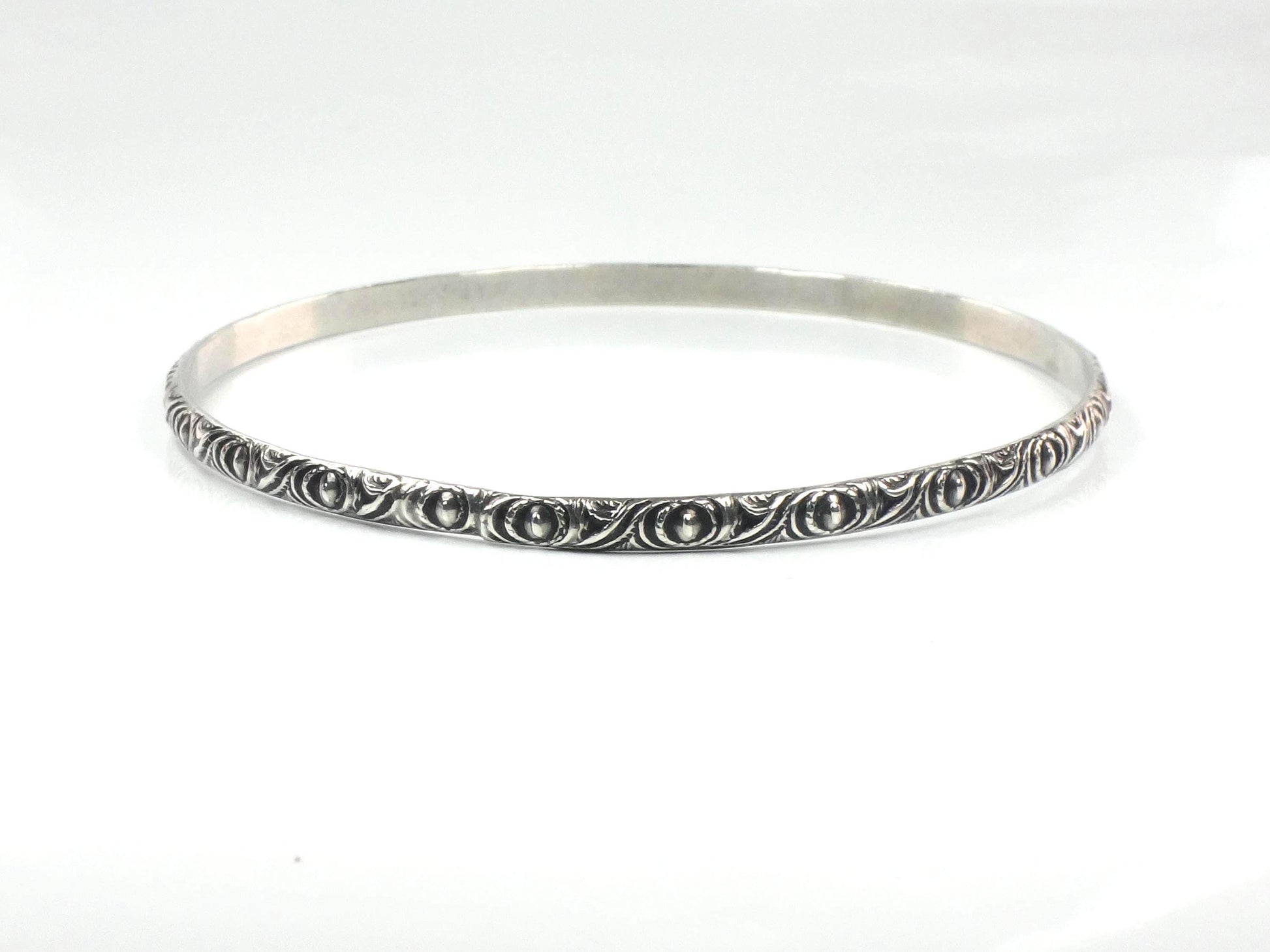 Vintage Thin Sterling Silver Bangle Bracelet Slip On Bracelet, Repousse Style Design, 7 7/8"