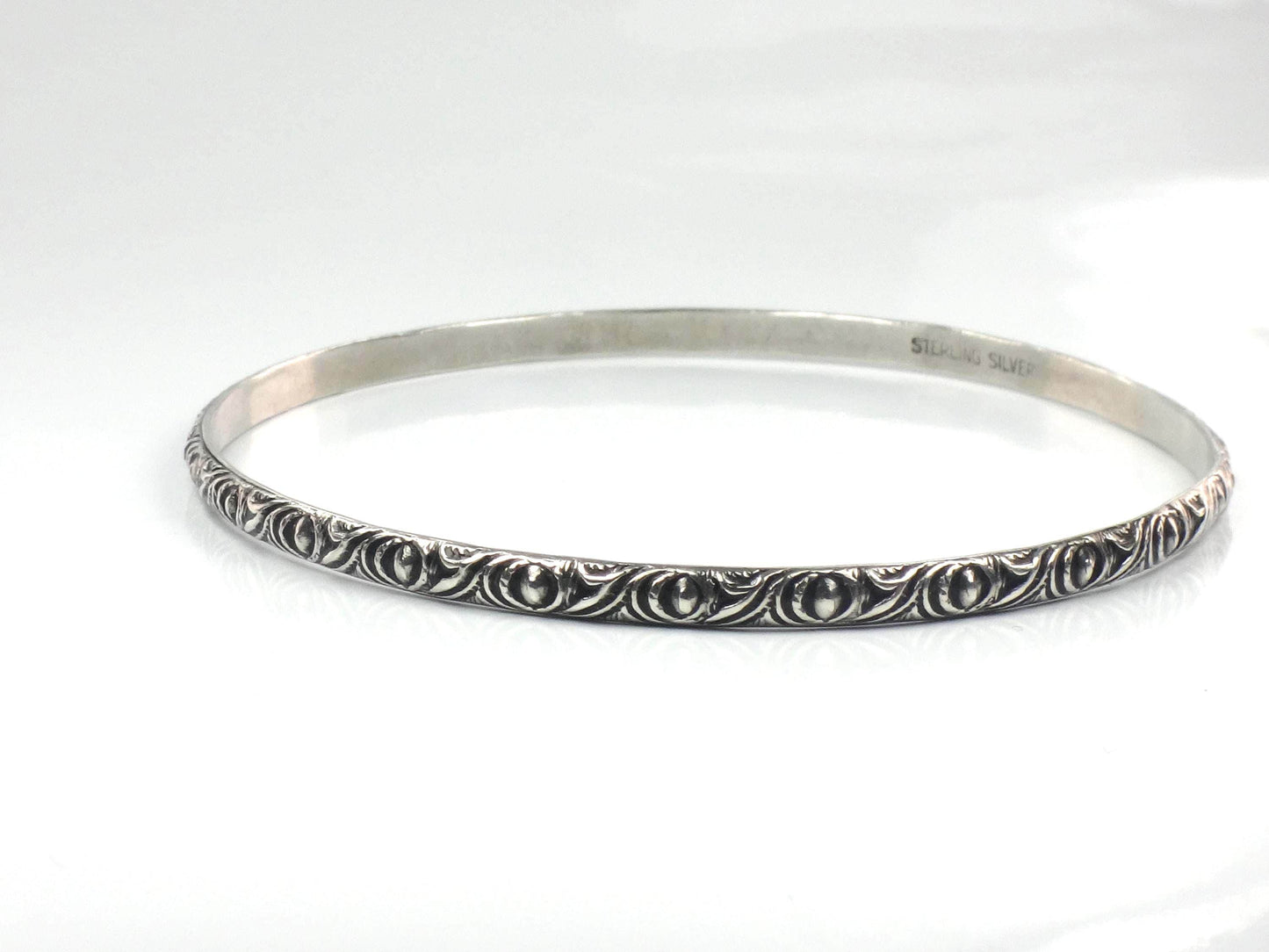 Vintage Thin Sterling Silver Bangle Bracelet Slip On Bracelet, Repousse Style Design, 7 7/8"