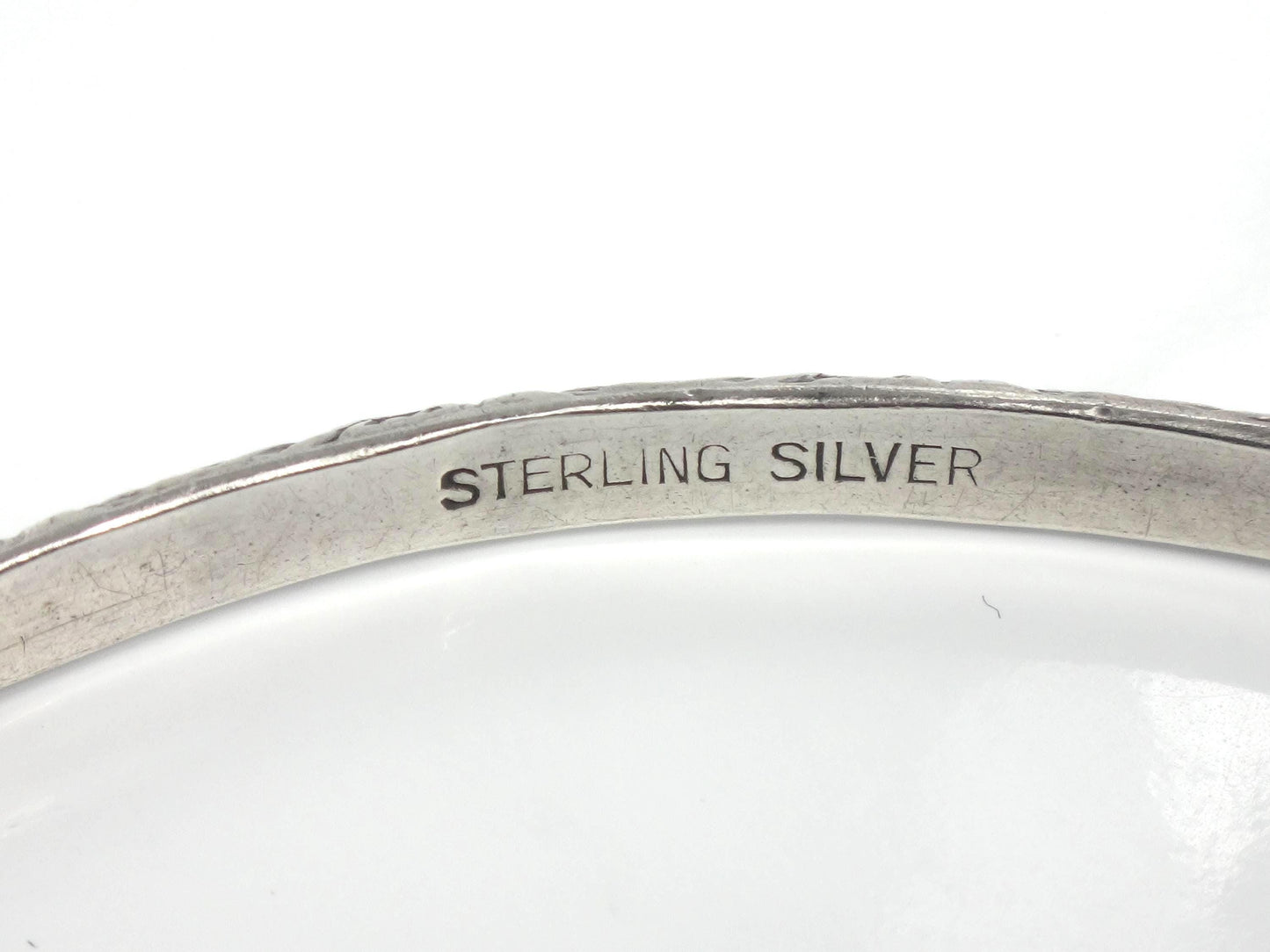 Vintage Thin Sterling Silver Bangle Bracelet Slip On Bracelet, Repousse Style Design, 7 7/8"