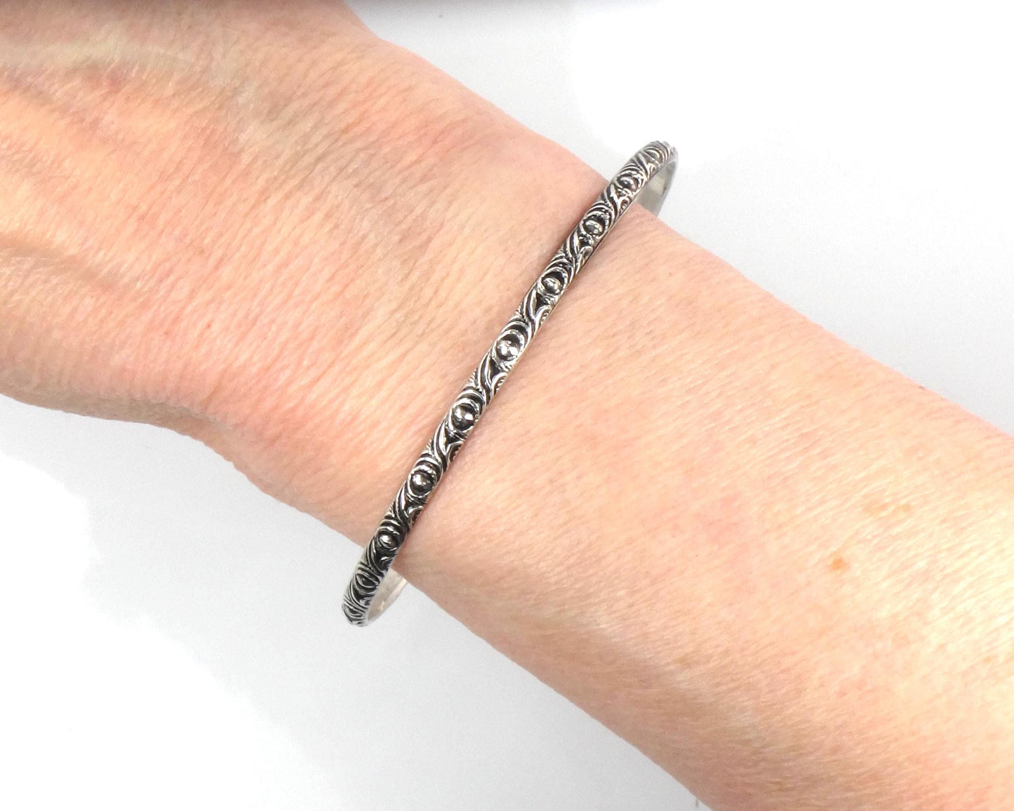 Vintage Thin Sterling Silver Bangle Bracelet Slip On Bracelet, Repousse Style Design, 7 7/8"