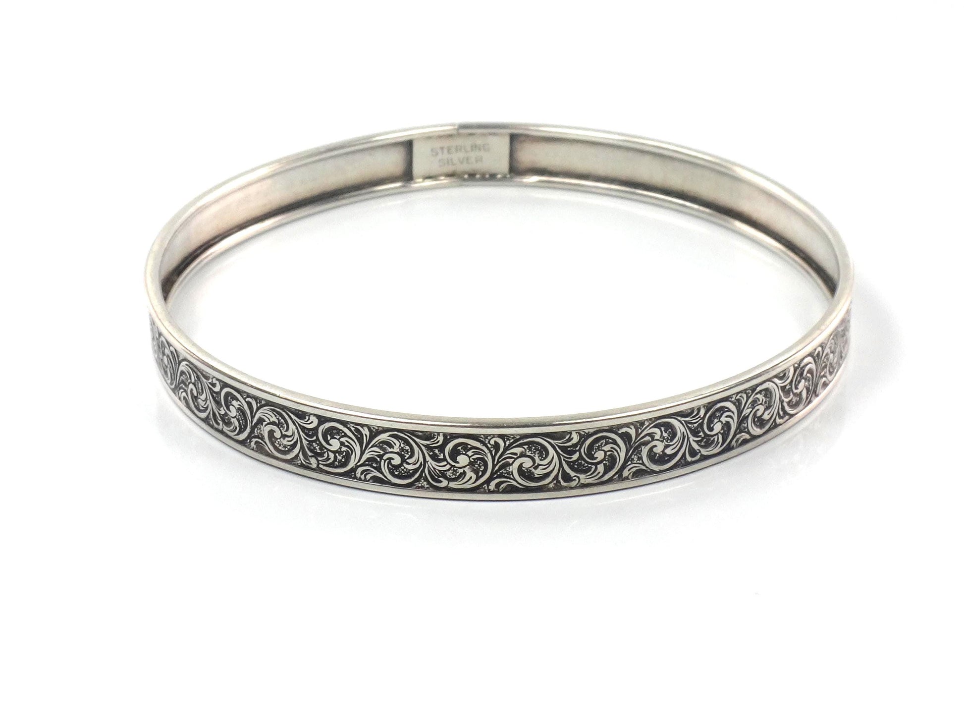 Vintage Sterling Silver Slip On Bangle Bracelet with Engraved Swirl Design