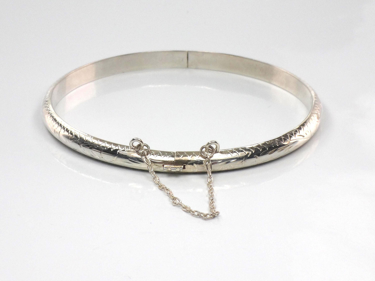Vintage Thin Sterling Silver Bangle Bracelet with Engraving - Hinged Style