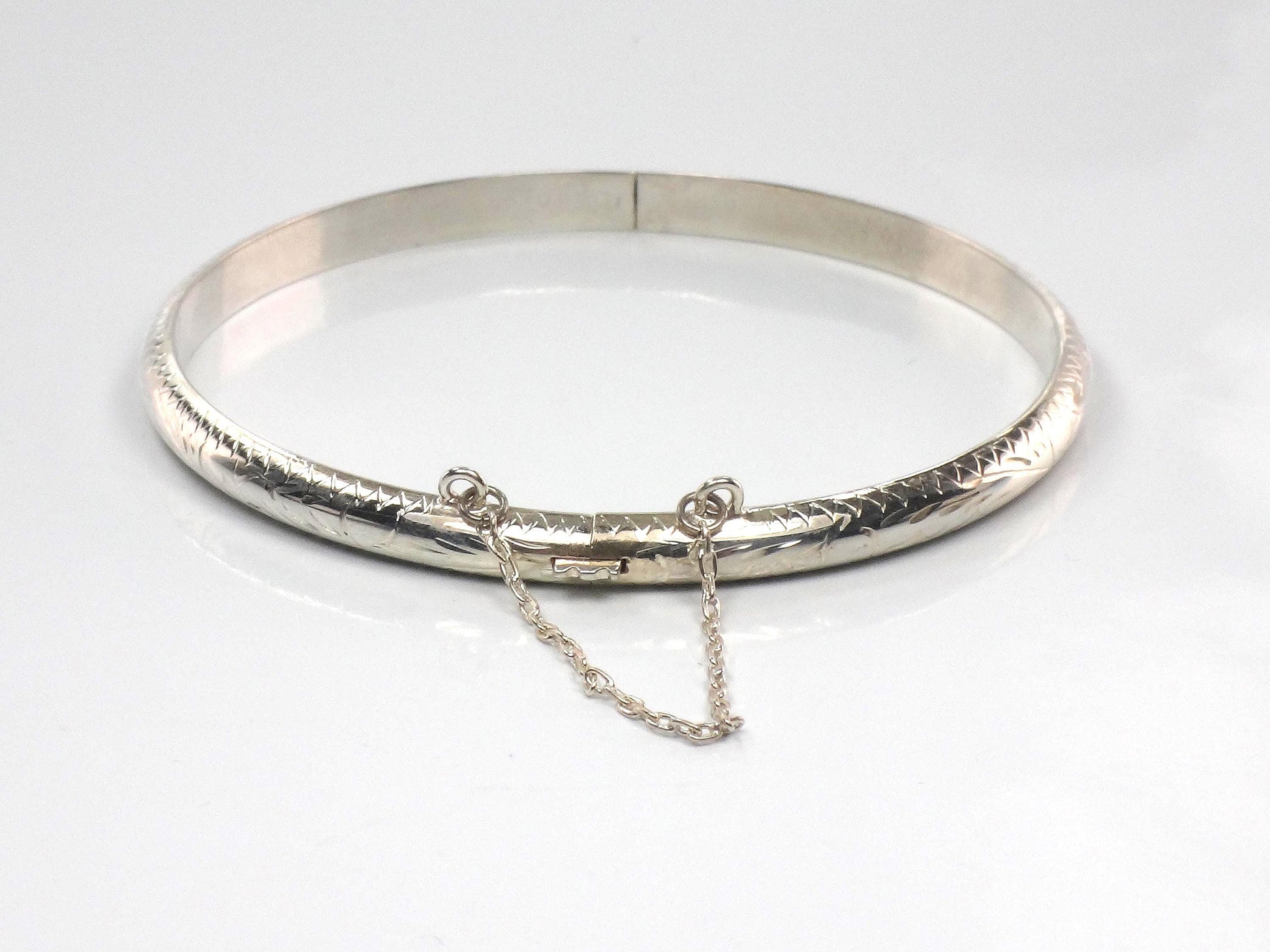 Vintage Thin Sterling Silver Bangle Bracelet with Engraving - Hinged Style