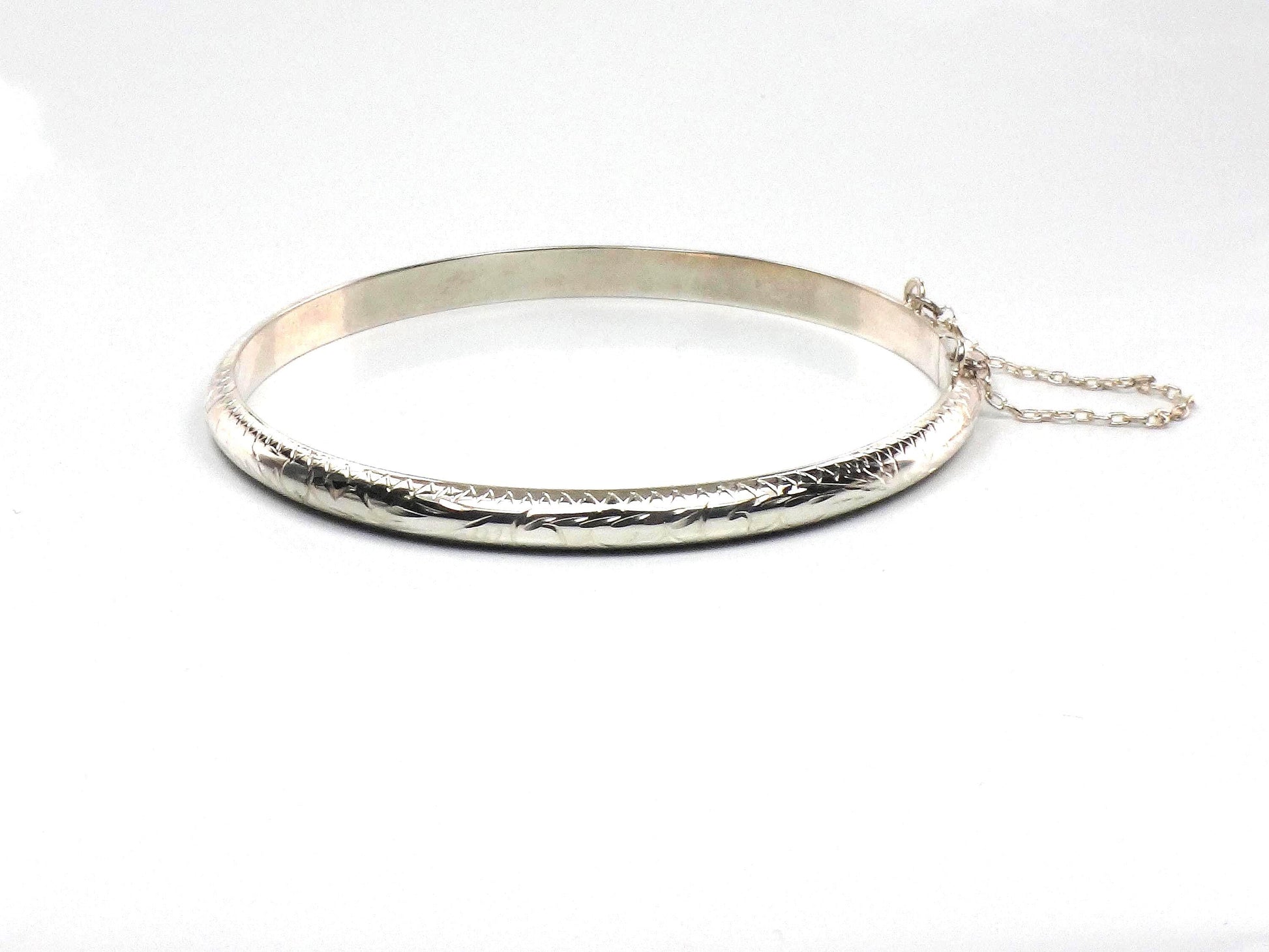 Vintage Thin Sterling Silver Bangle Bracelet with Engraving - Hinged Style