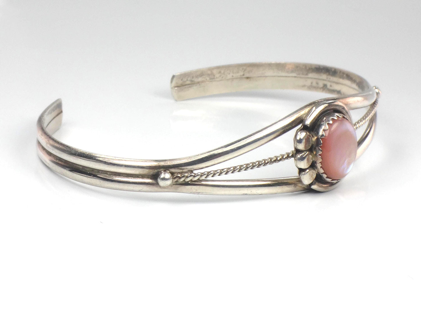 Vintage Small Sterling Silver Pink Mother of Pearl Cuff Bracelet