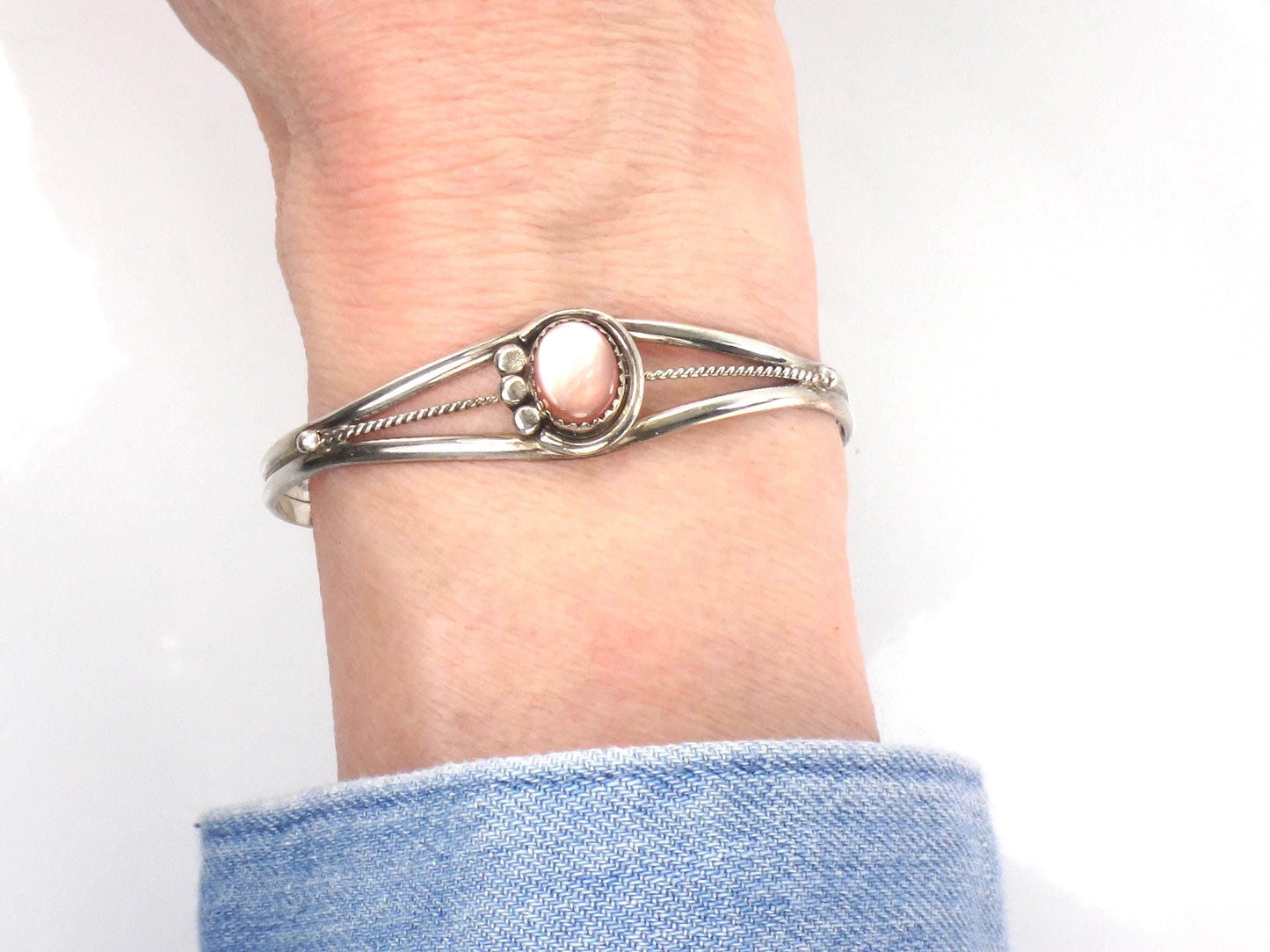 Vintage Small Sterling Silver Pink Mother of Pearl Cuff Bracelet