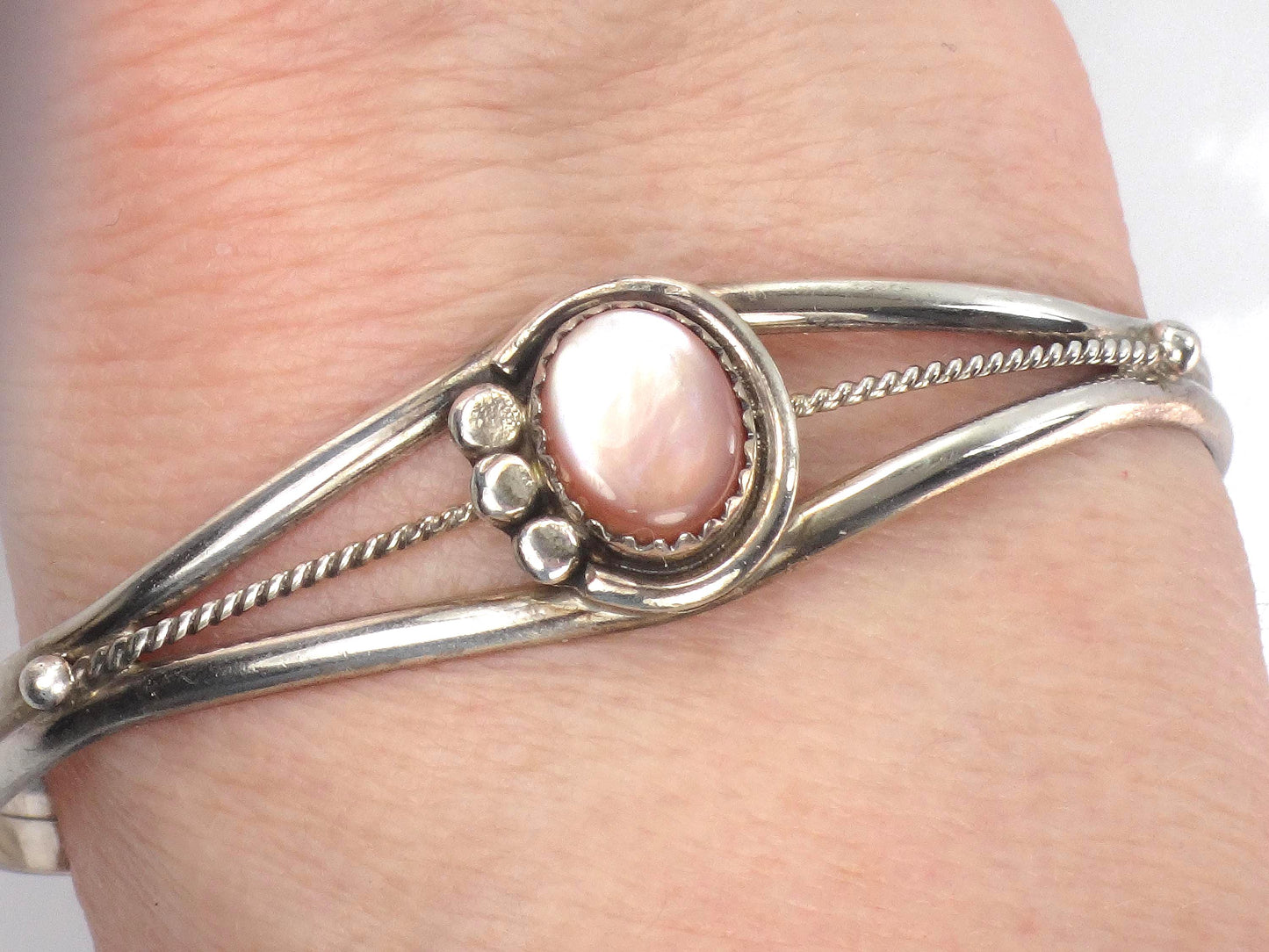 Vintage Small Sterling Silver Pink Mother of Pearl Cuff Bracelet