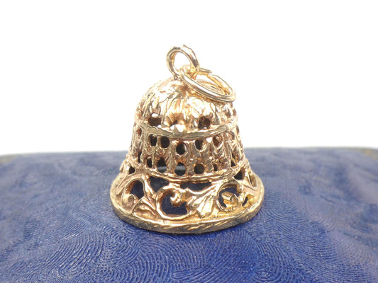 Vintage 14k Yellow Gold Bell Pendant: 3D Moveable Filigree Charm