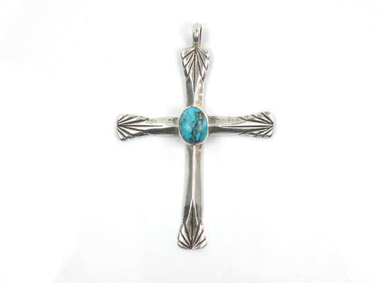 Vintage Large Sterling Silver Turquoise Cross Pendant