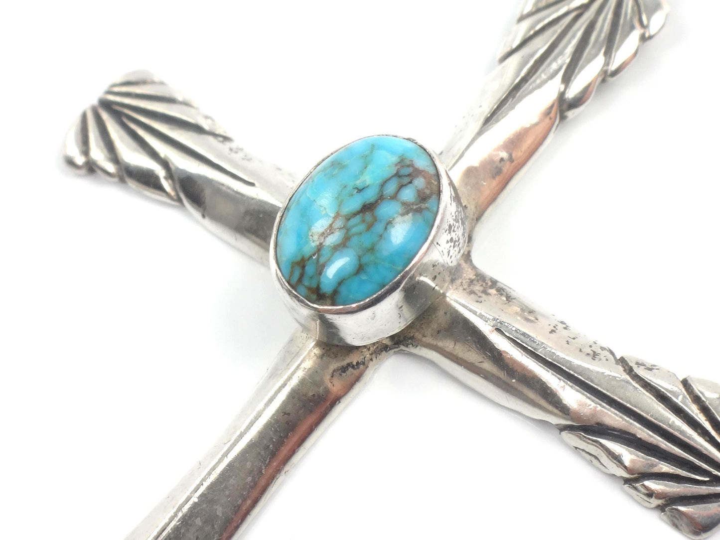Vintage Large Sterling Silver Turquoise Cross Pendant