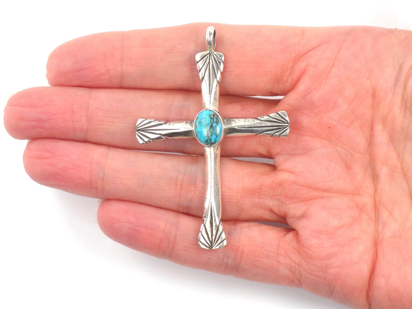 Vintage Large Sterling Silver Turquoise Cross Pendant