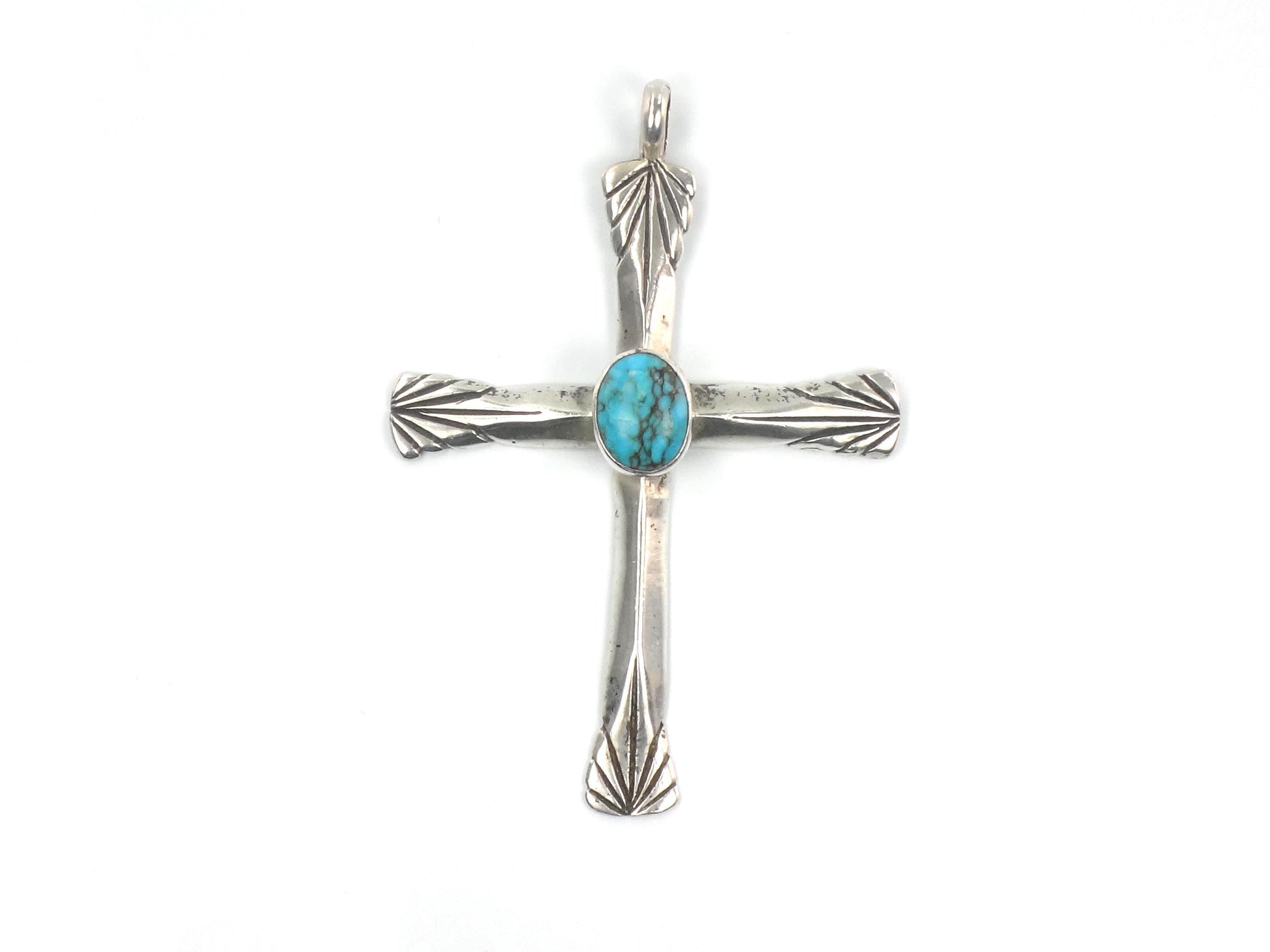 Vintage Large Sterling Silver Turquoise Cross Pendant