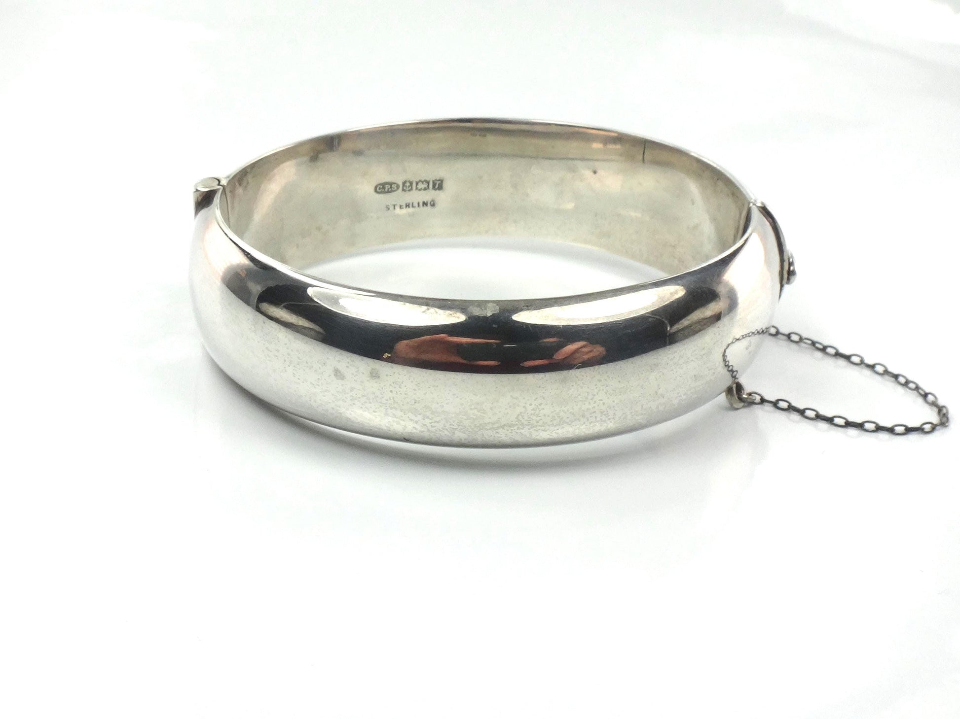 Vintage Sterling Silver Bangle Bracelet with Engraving: Hinged, English Hallmarks