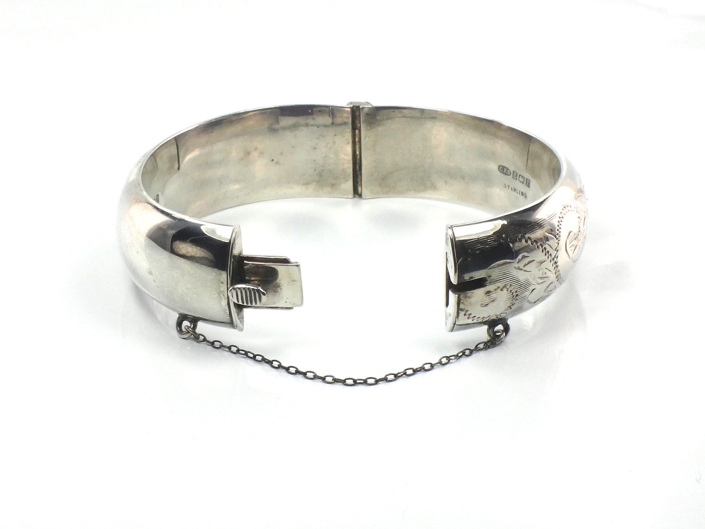 Vintage Sterling Silver Bangle Bracelet with Engraving: Hinged, English Hallmarks