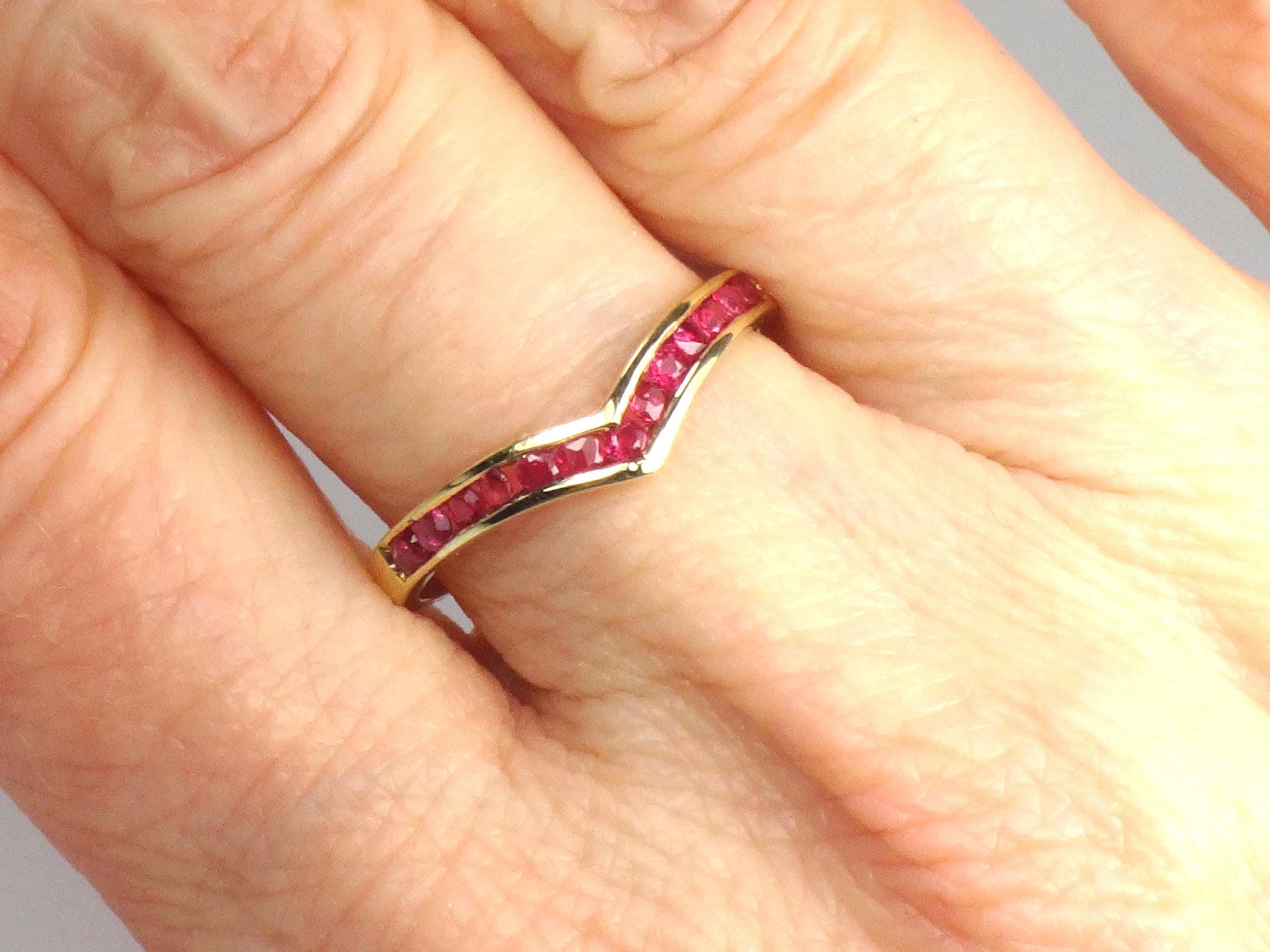 Vintage 14k Yellow Gold Ruby Ring, Chevron Wedding Band or Stacking, Size 6.5