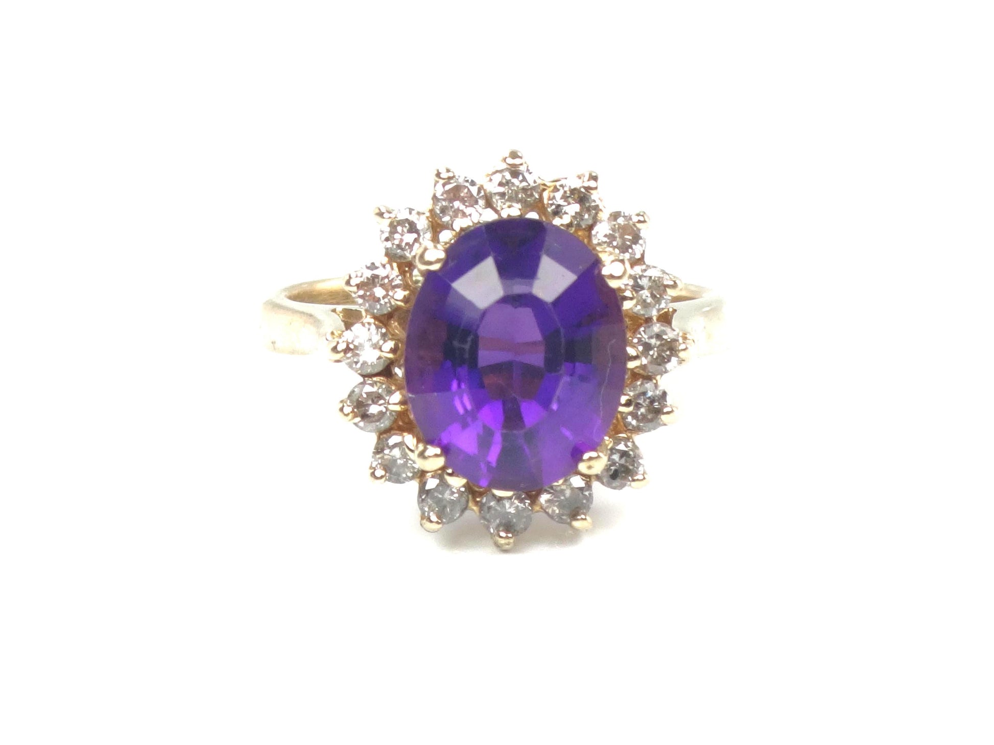 Vintage 14k Yellow Gold Amethyst and Diamond Halo Ring Size 5.5