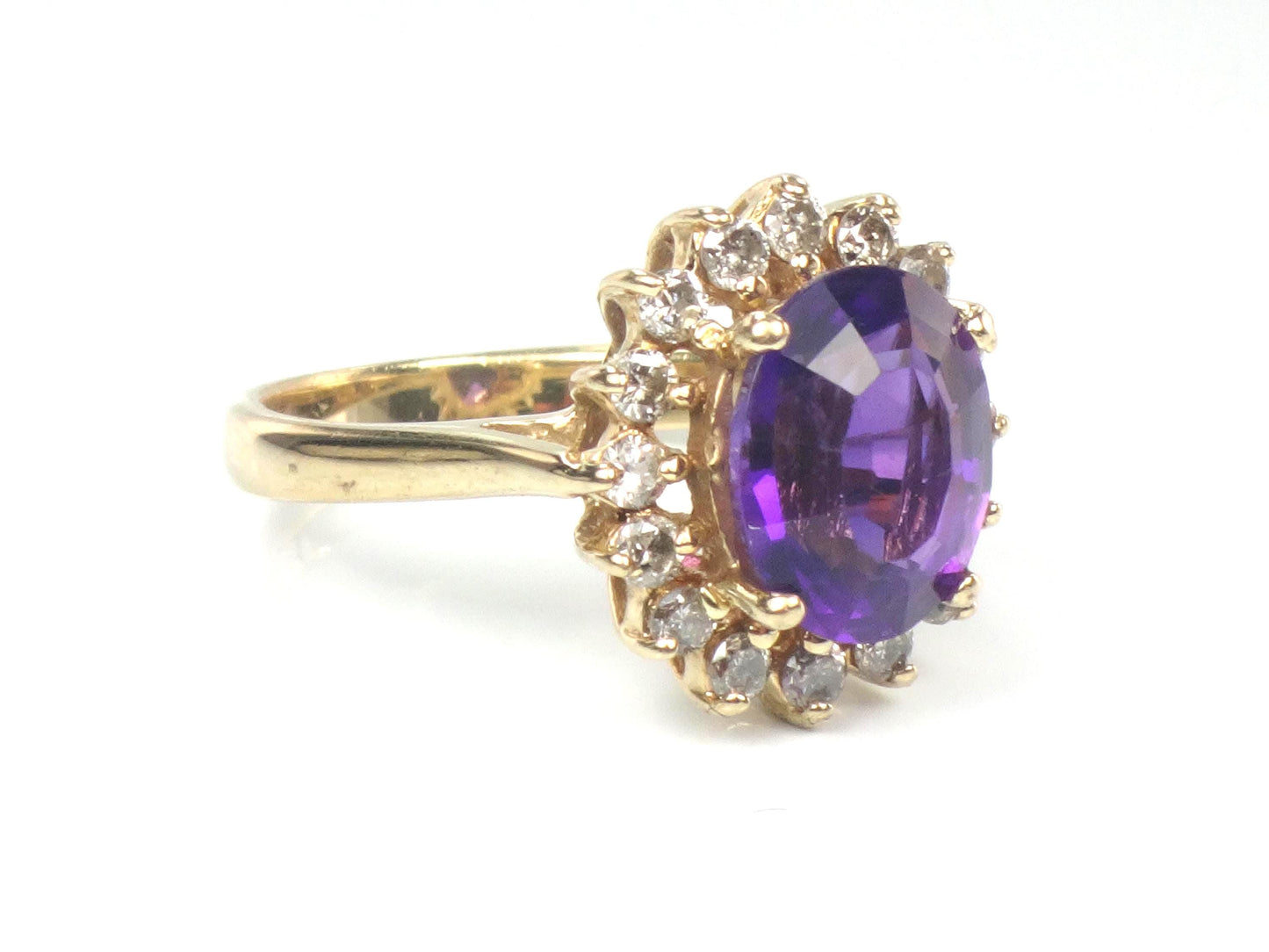 Vintage 14k Yellow Gold Amethyst and Diamond Halo Ring Size 5.5