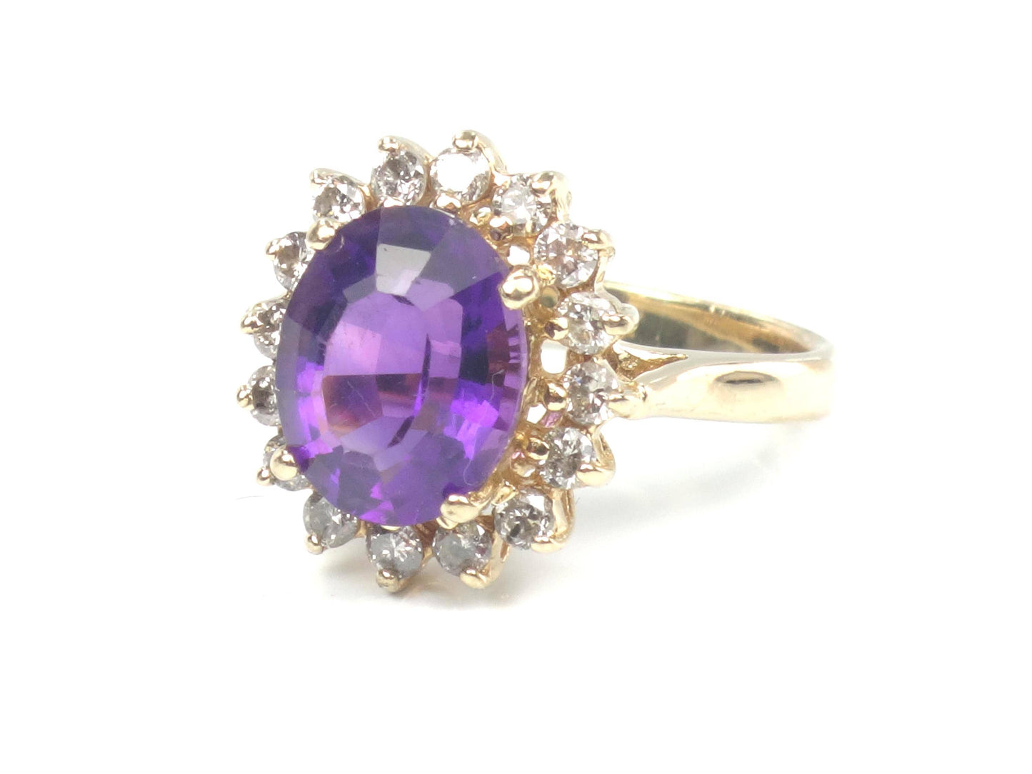 Vintage 14k Yellow Gold Amethyst and Diamond Halo Ring Size 5.5