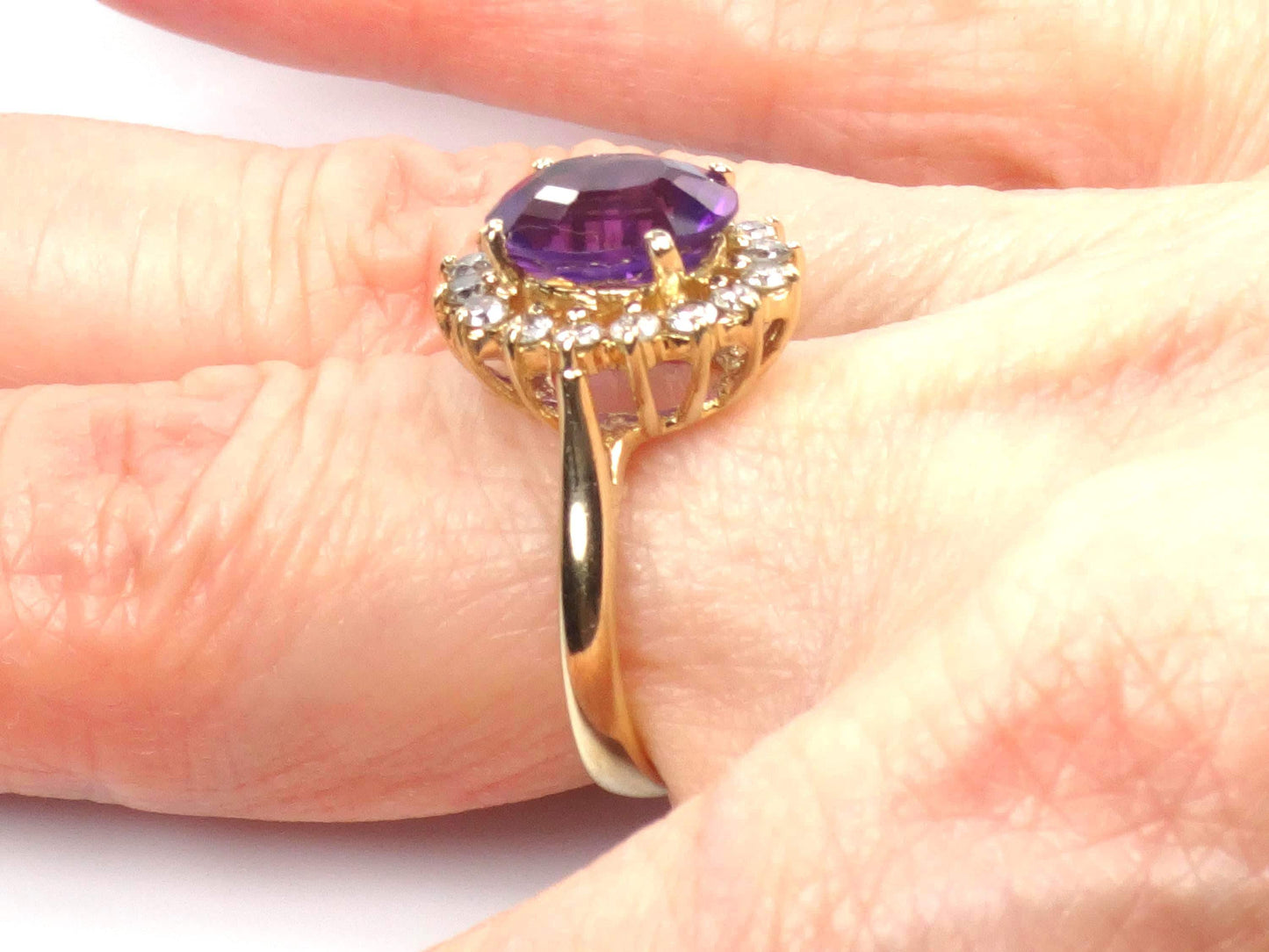 Vintage 14k Yellow Gold Amethyst and Diamond Halo Ring Size 5.5