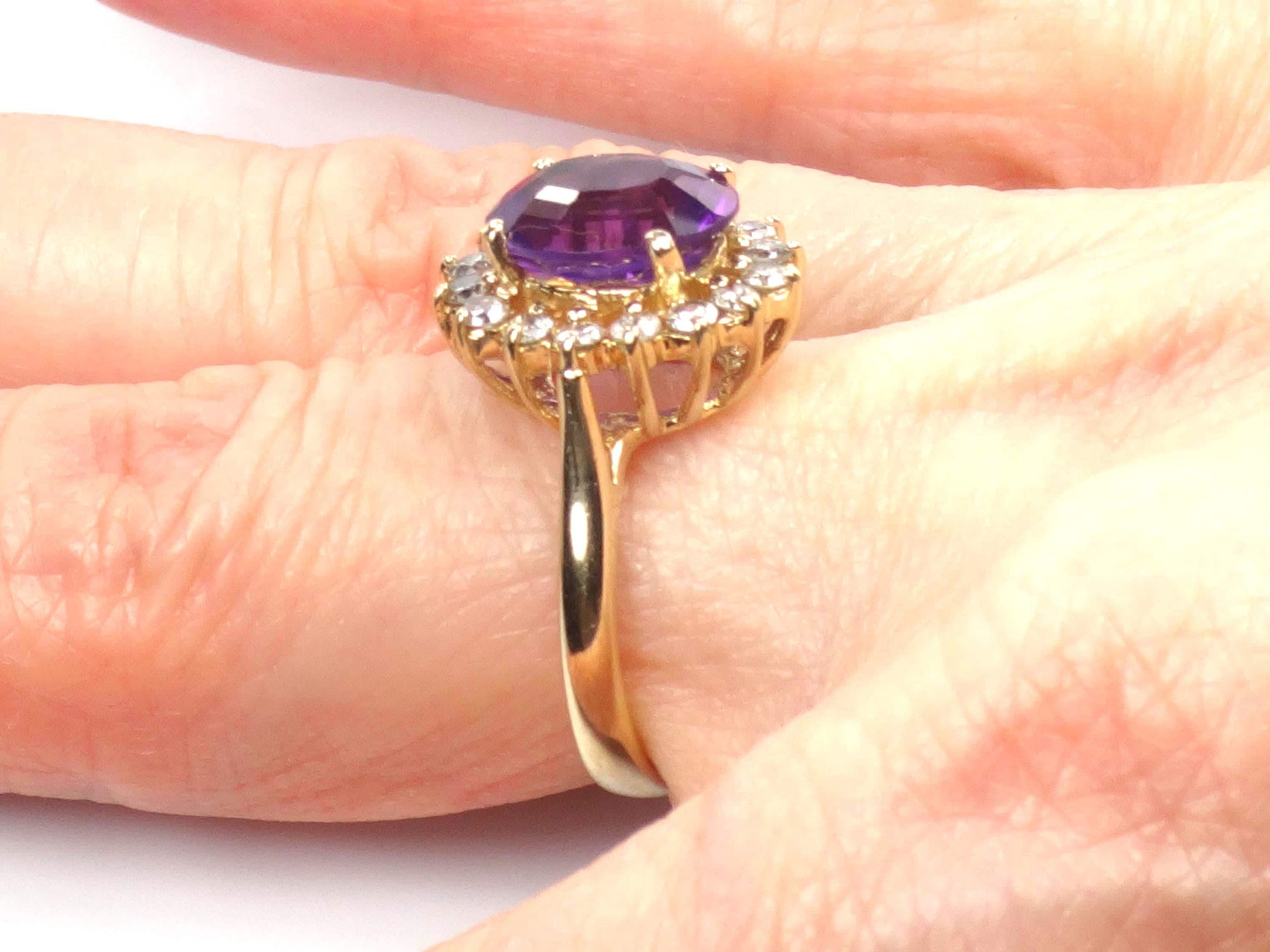 Vintage 14k Yellow Gold Amethyst and Diamond Halo Ring Size 5.5