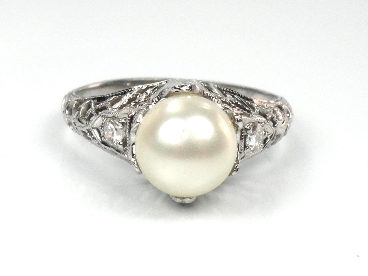 Vintage 18k White Gold Filigree Pearl Diamond Ring, Art Deco 1930s