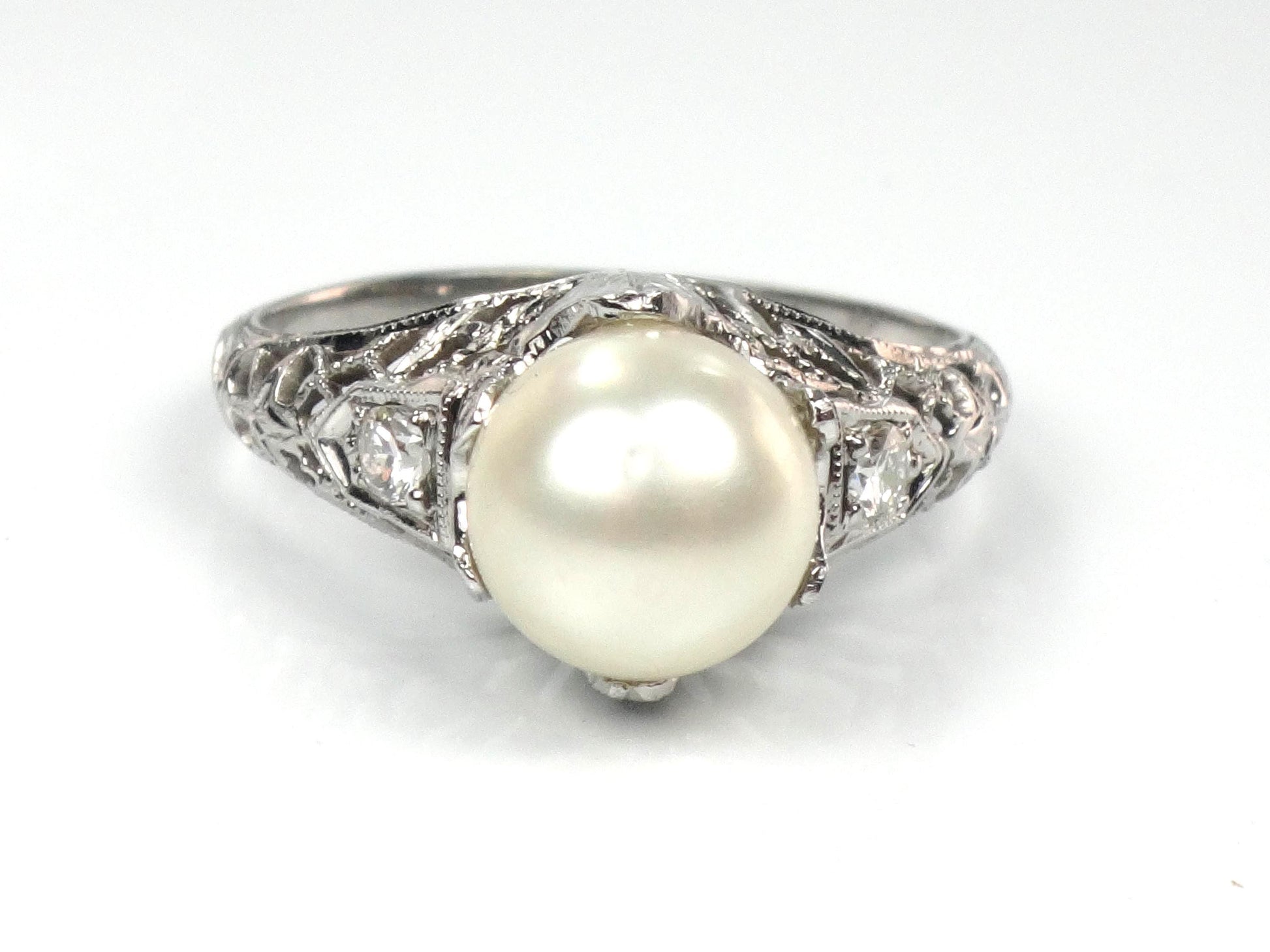 Vintage 18k White Gold Filigree Pearl Diamond Ring, Art Deco 1930s