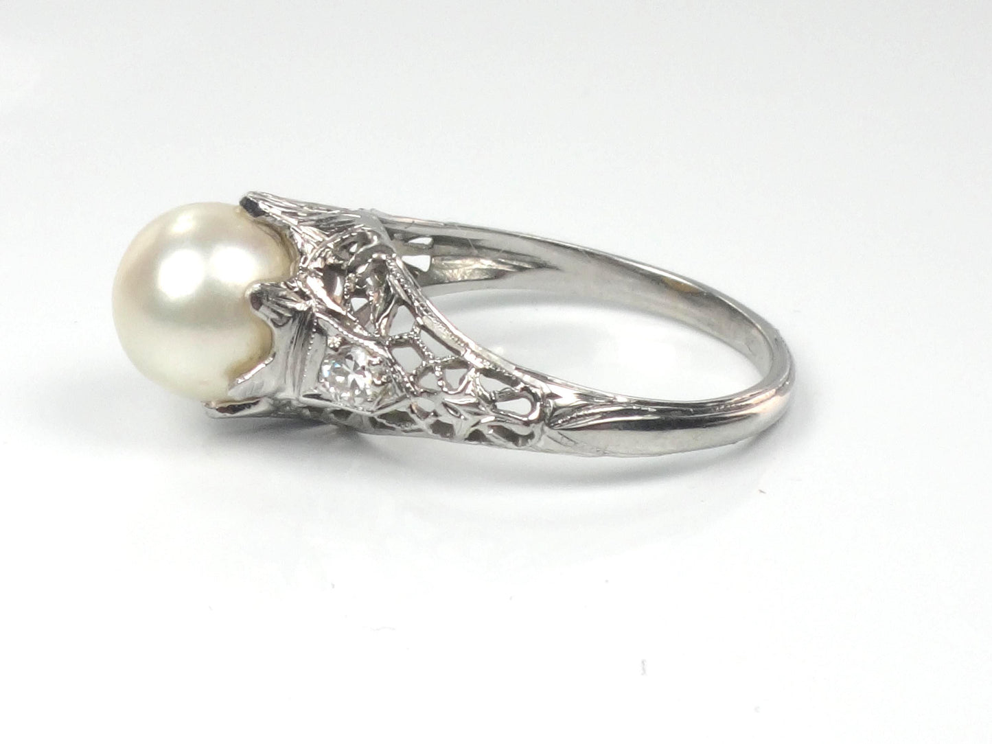 Vintage 18k White Gold Filigree Pearl Diamond Ring, Art Deco 1930s