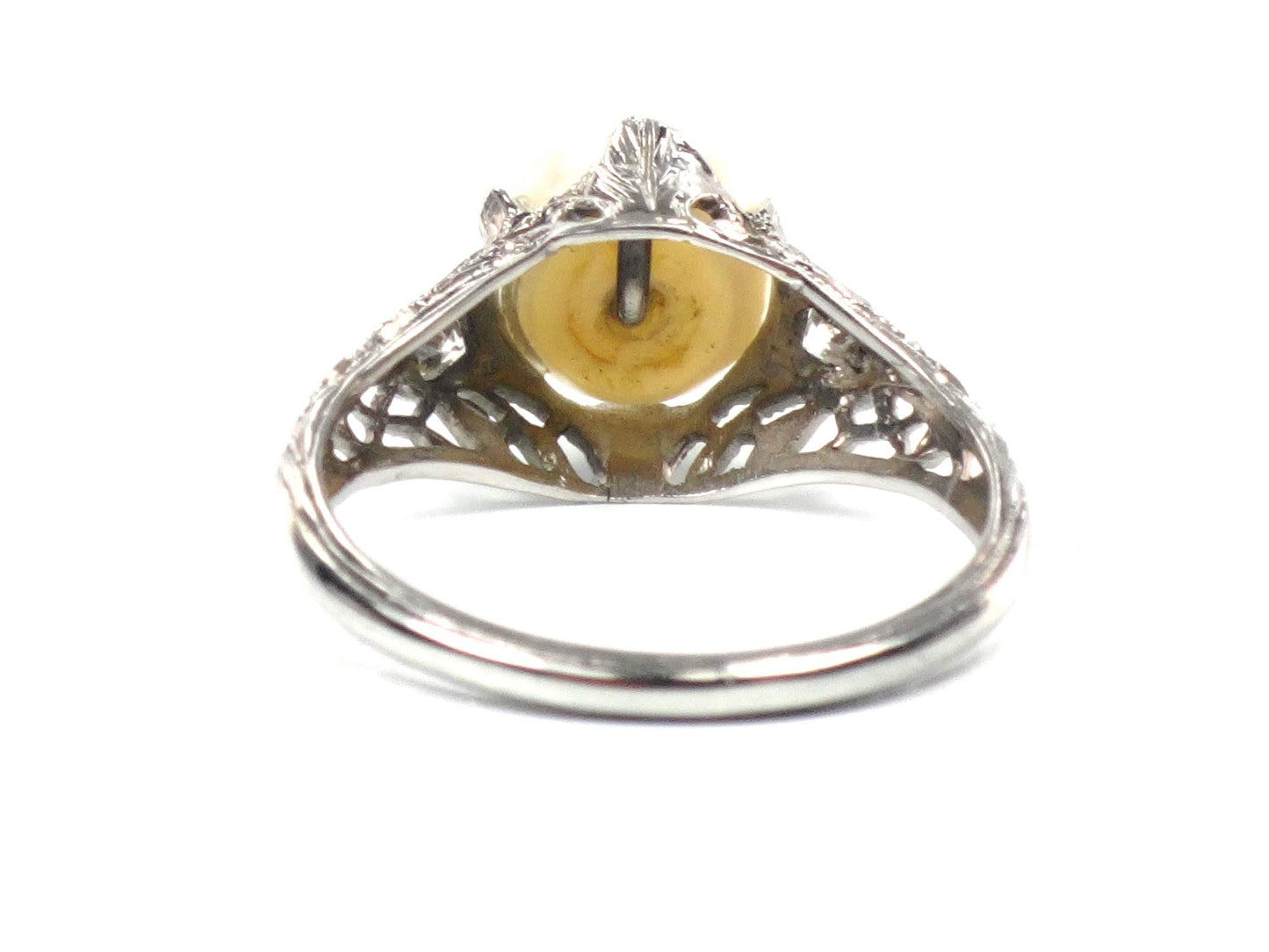 Vintage 18k White Gold Filigree Pearl Diamond Ring, Art Deco 1930s