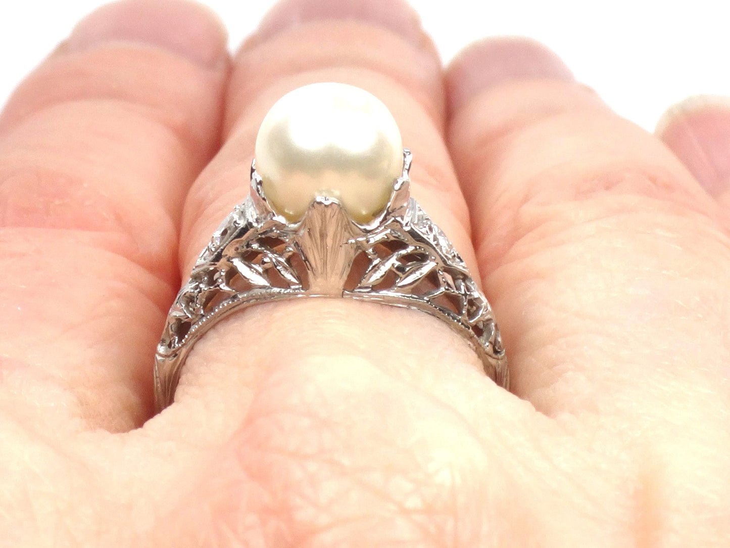 Vintage 18k White Gold Filigree Pearl Diamond Ring, Art Deco 1930s