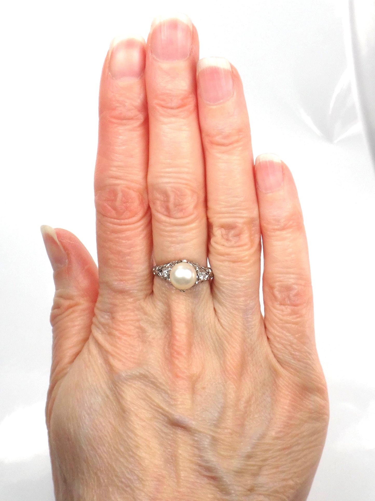 Vintage 18k White Gold Filigree Pearl Diamond Ring, Art Deco 1930s