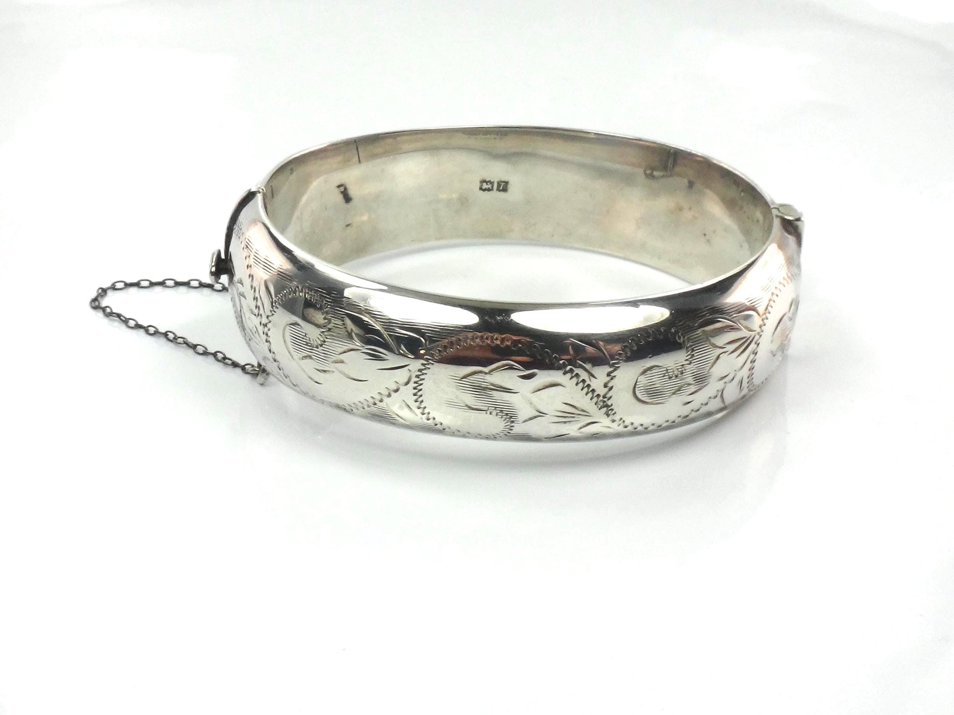 Vintage Sterling Silver Bangle Bracelet with Engraving: Hinged, English Hallmarks