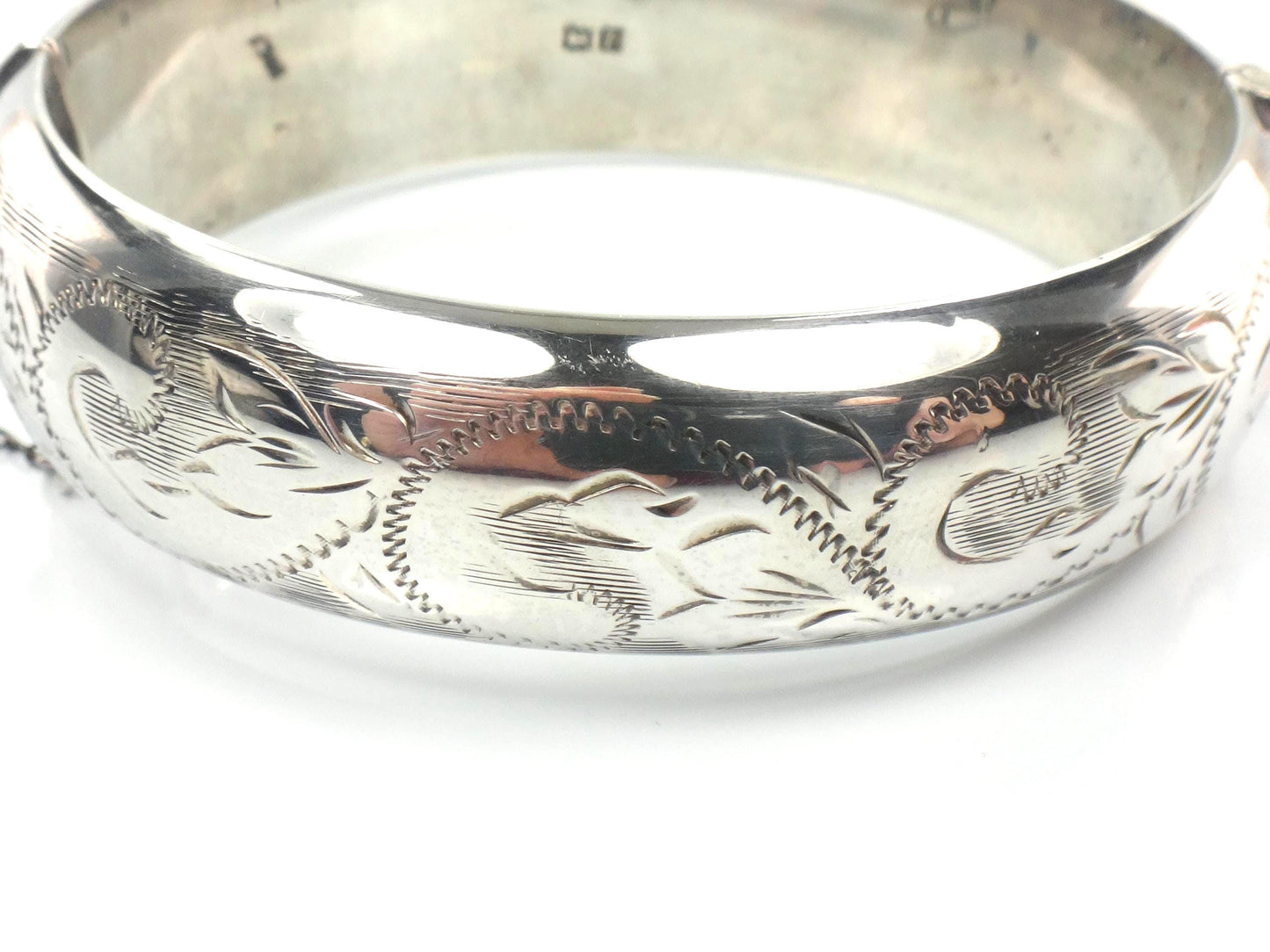 Vintage Sterling Silver Bangle Bracelet with Engraving: Hinged, English Hallmarks
