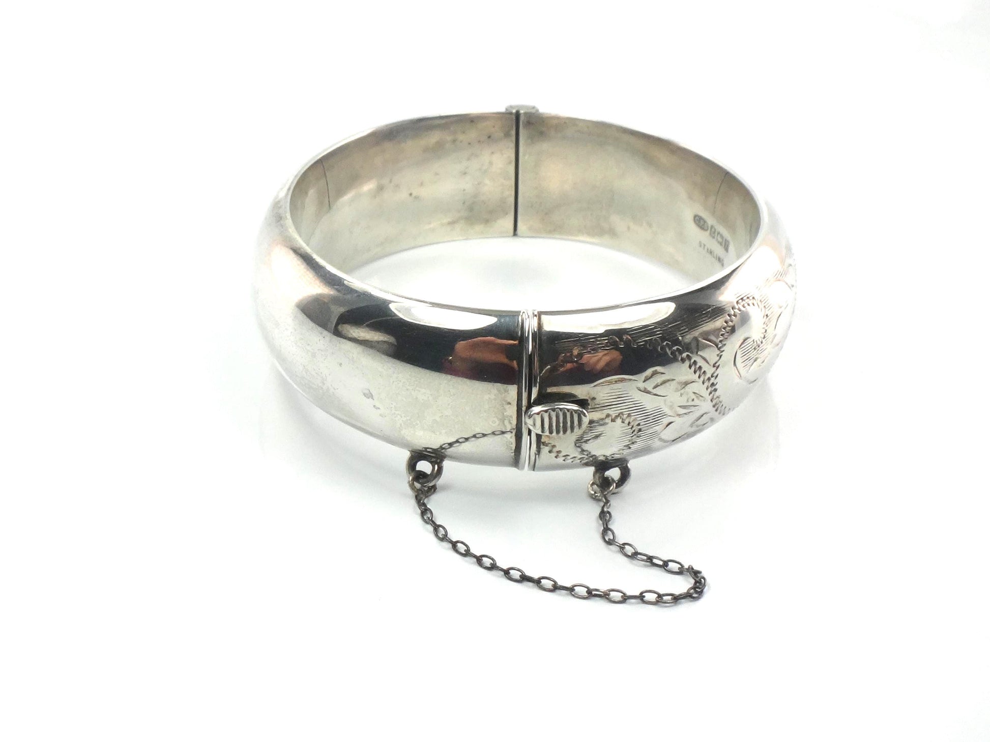 Vintage Sterling Silver Bangle Bracelet with Engraving: Hinged, English Hallmarks