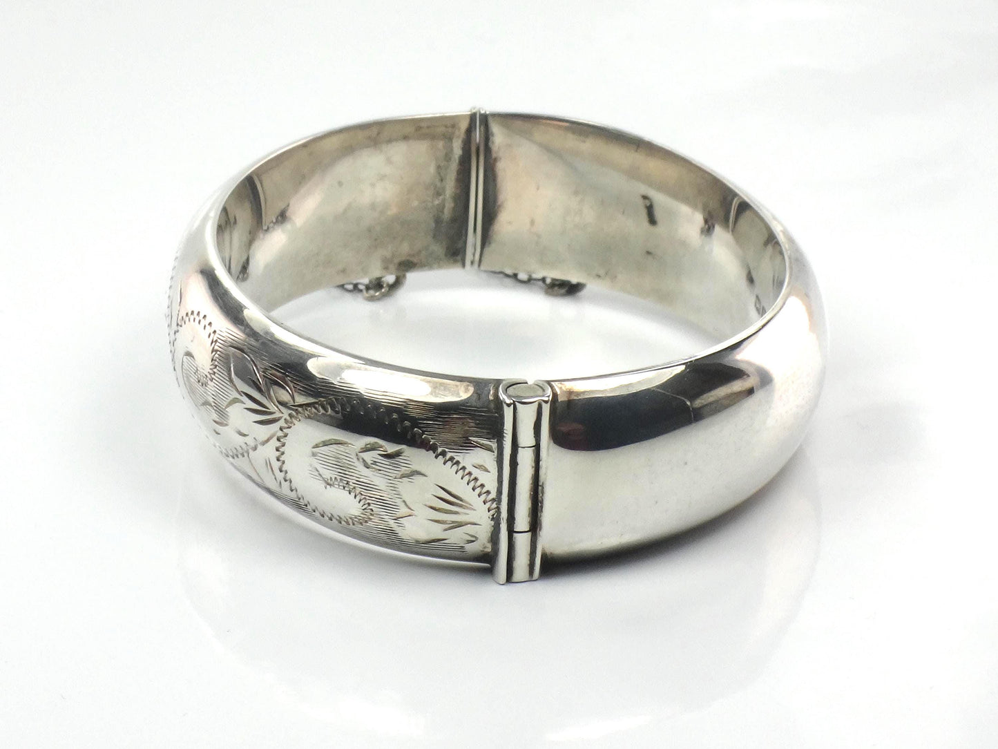 Vintage Sterling Silver Bangle Bracelet with Engraving: Hinged, English Hallmarks