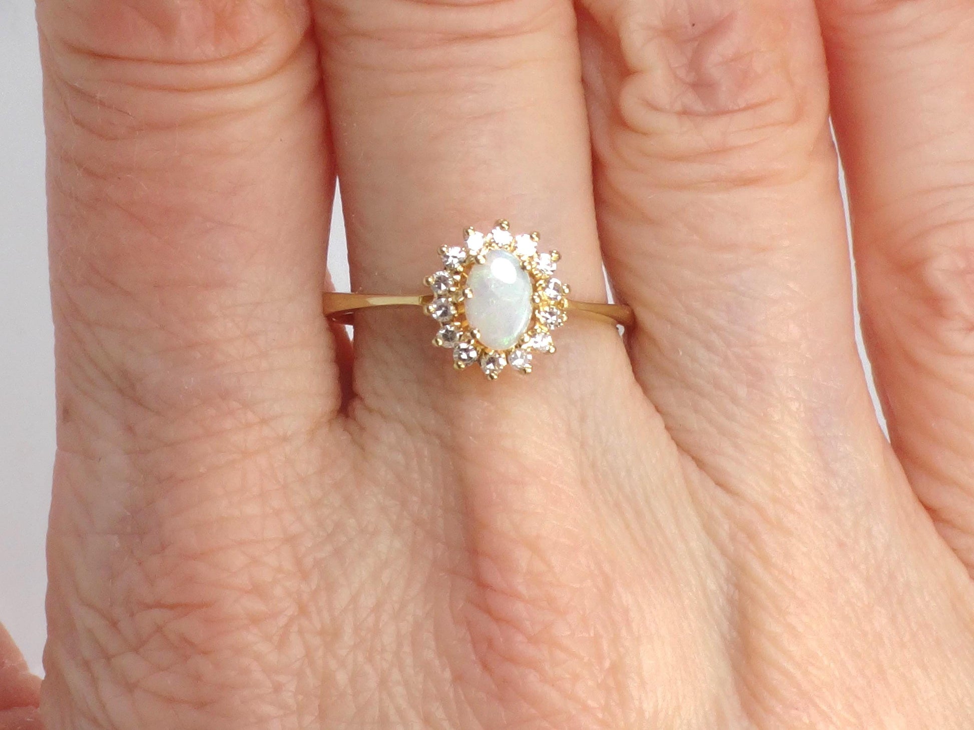 Vintage 19k Yellow Gold Opal Ring with Diamond Halo: Portuguese Hallmarks, Size 7.75