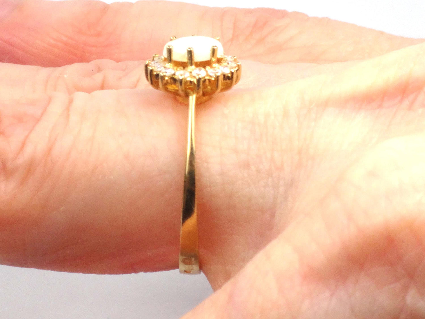 Vintage 19k Yellow Gold Opal Ring with Diamond Halo: Portuguese Hallmarks, Size 7.75