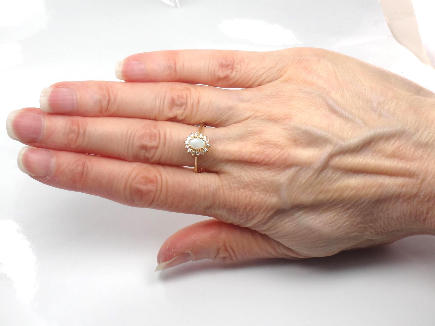 Vintage 19k Yellow Gold Opal Ring with Diamond Halo: Portuguese Hallmarks, Size 7.75