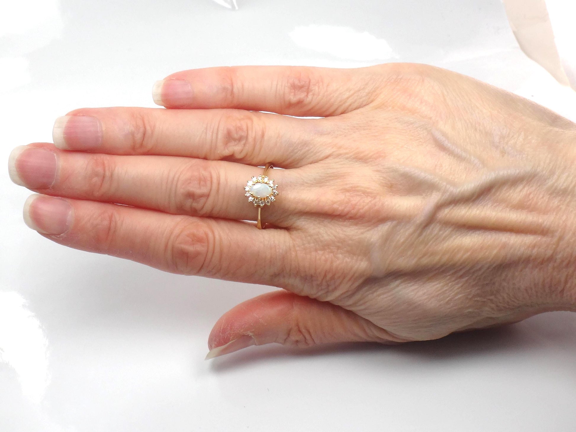 Vintage 19k Yellow Gold Opal Ring with Diamond Halo: Portuguese Hallmarks, Size 7.75