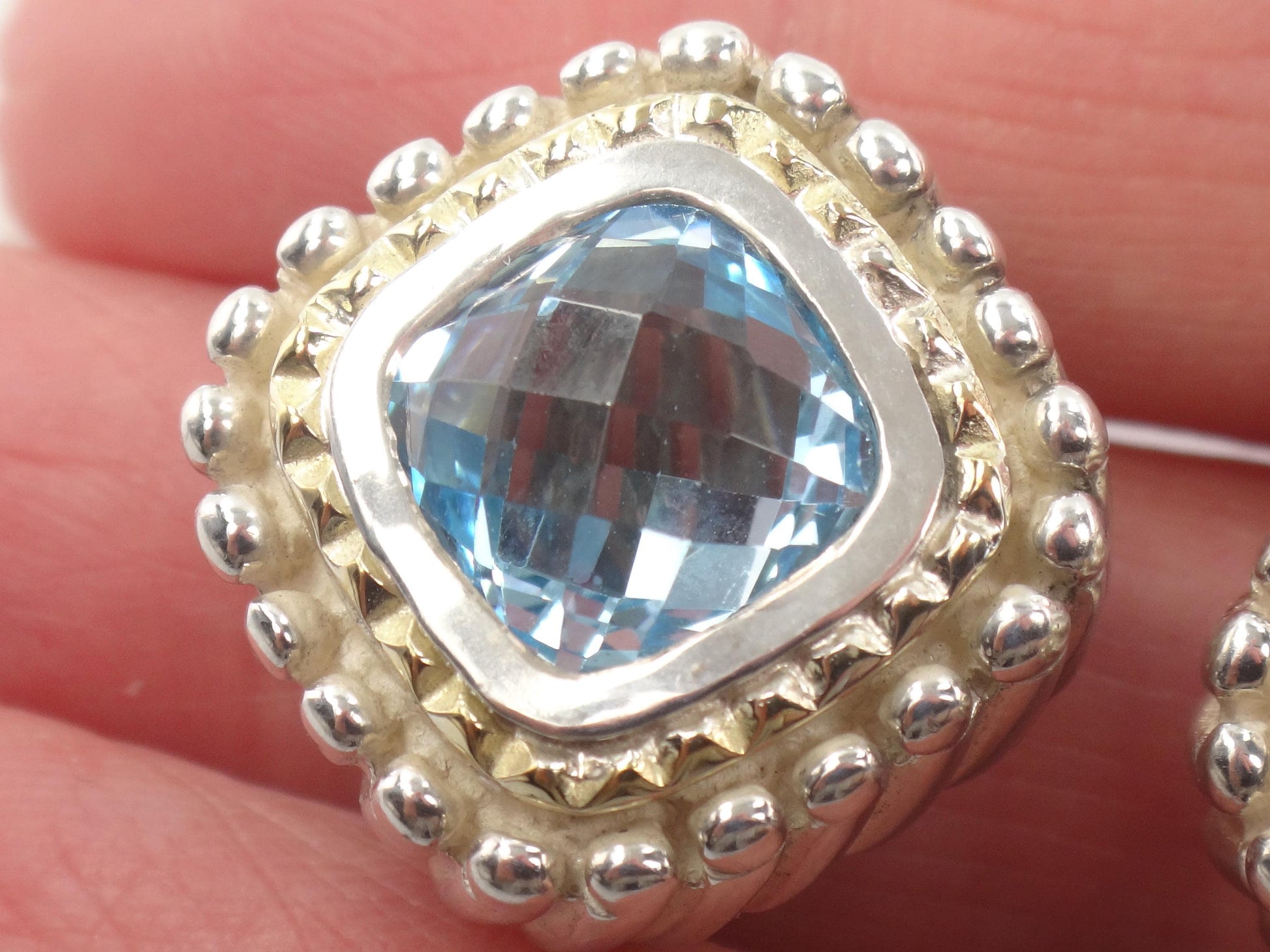 Vintage 18k Yellow Gold & Sterling Silver Topaz Earrings, Mixed Metal Blue Stone Studs