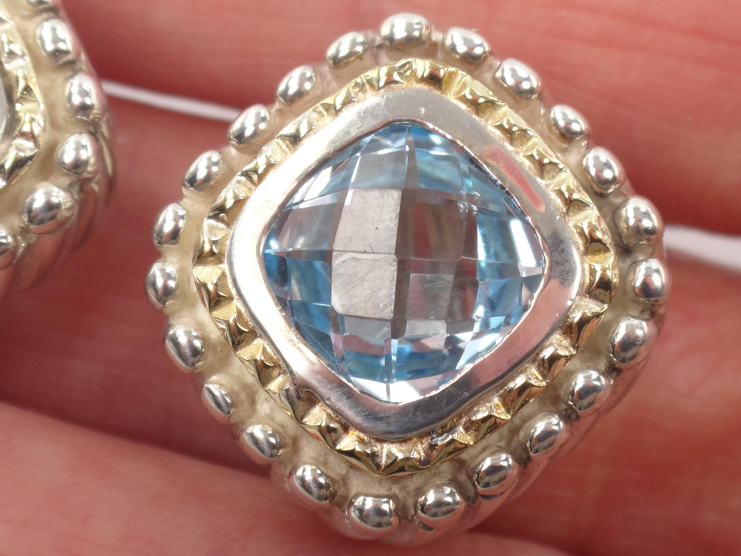 Vintage 18k Yellow Gold & Sterling Silver Topaz Earrings, Mixed Metal Blue Stone Studs