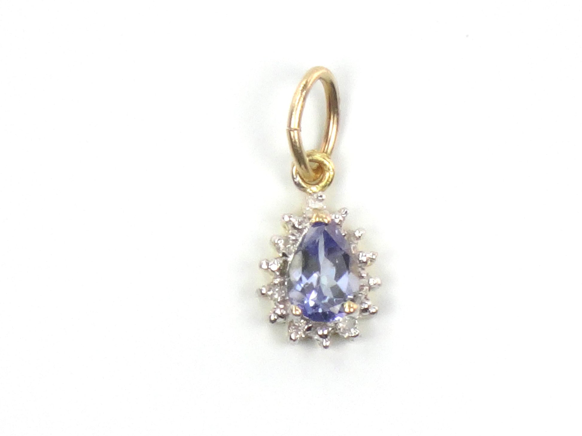 Vintage Small 14k Gold Tanzanite Diamond Pendant: Teardrop Shaped