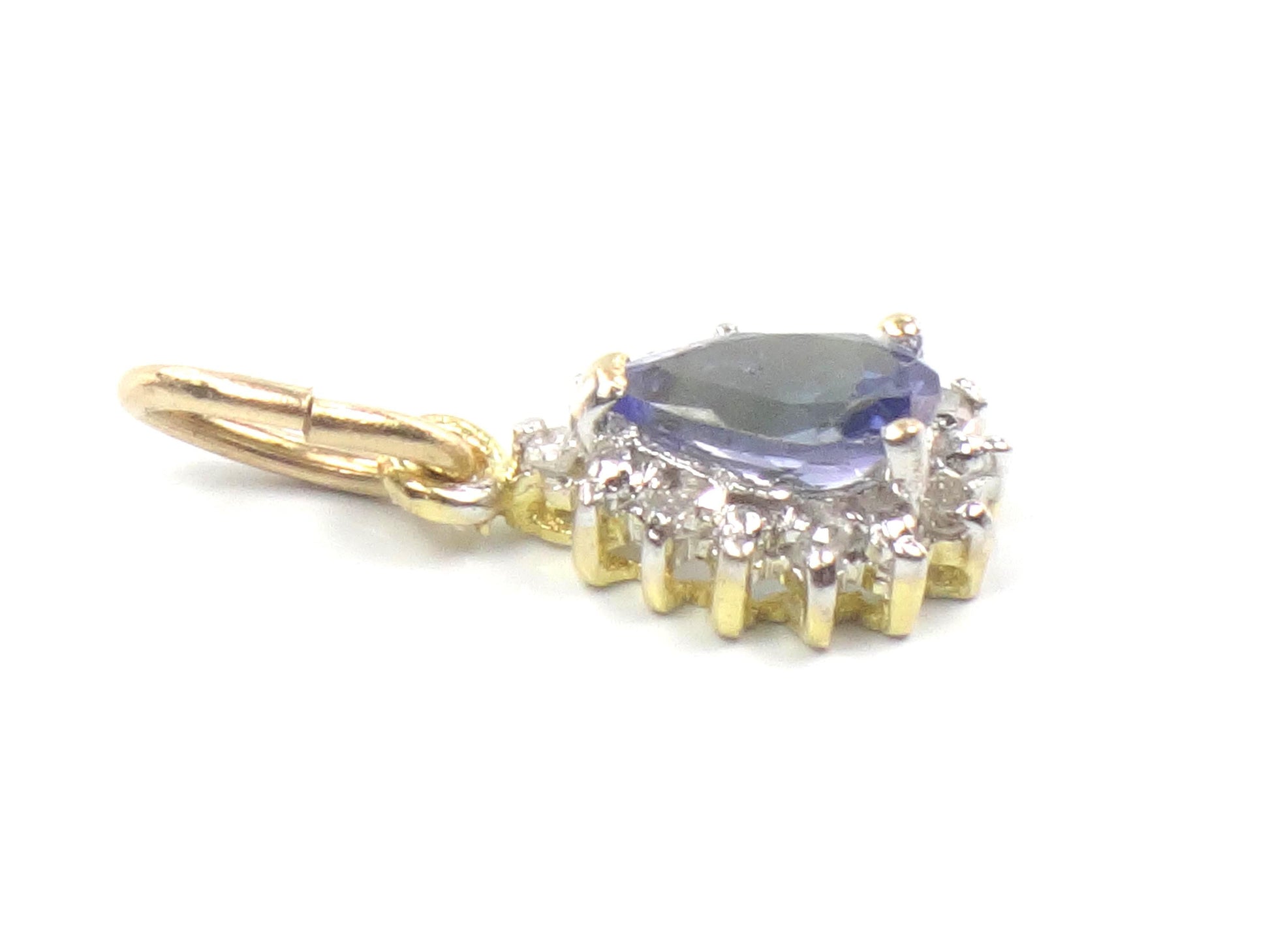 Vintage Small 14k Gold Tanzanite Diamond Pendant: Teardrop Shaped